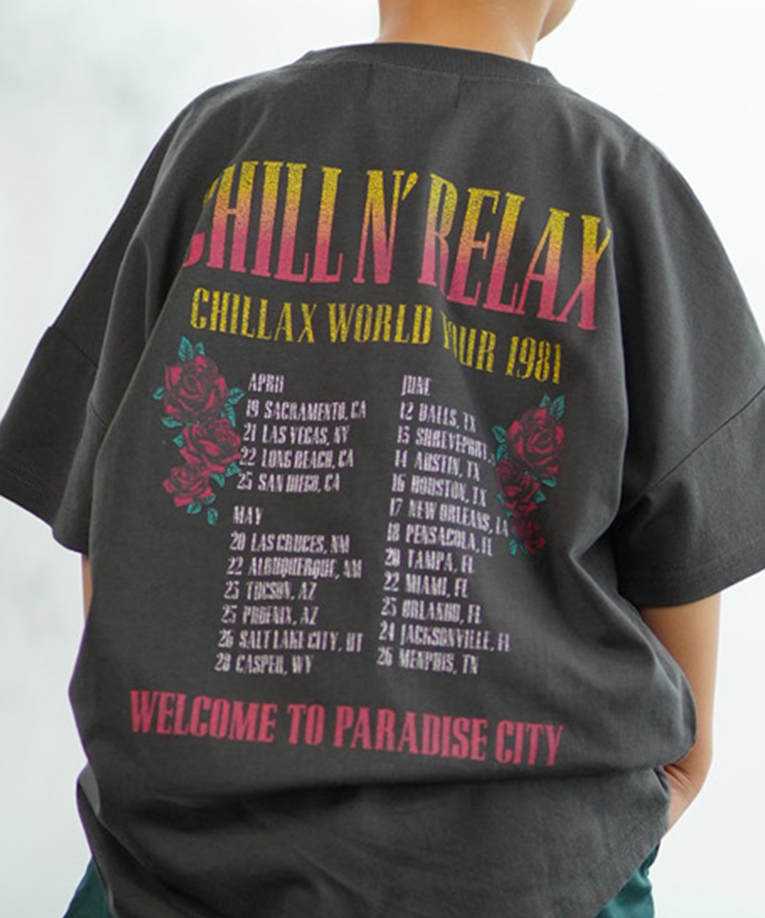 CHILLAX チラックス キッズ Tシャツ 半袖 バンド風 ピグメント加工 ヴィンテージ風 オーバーサイズ 242CL3ST192(RED-130cm)