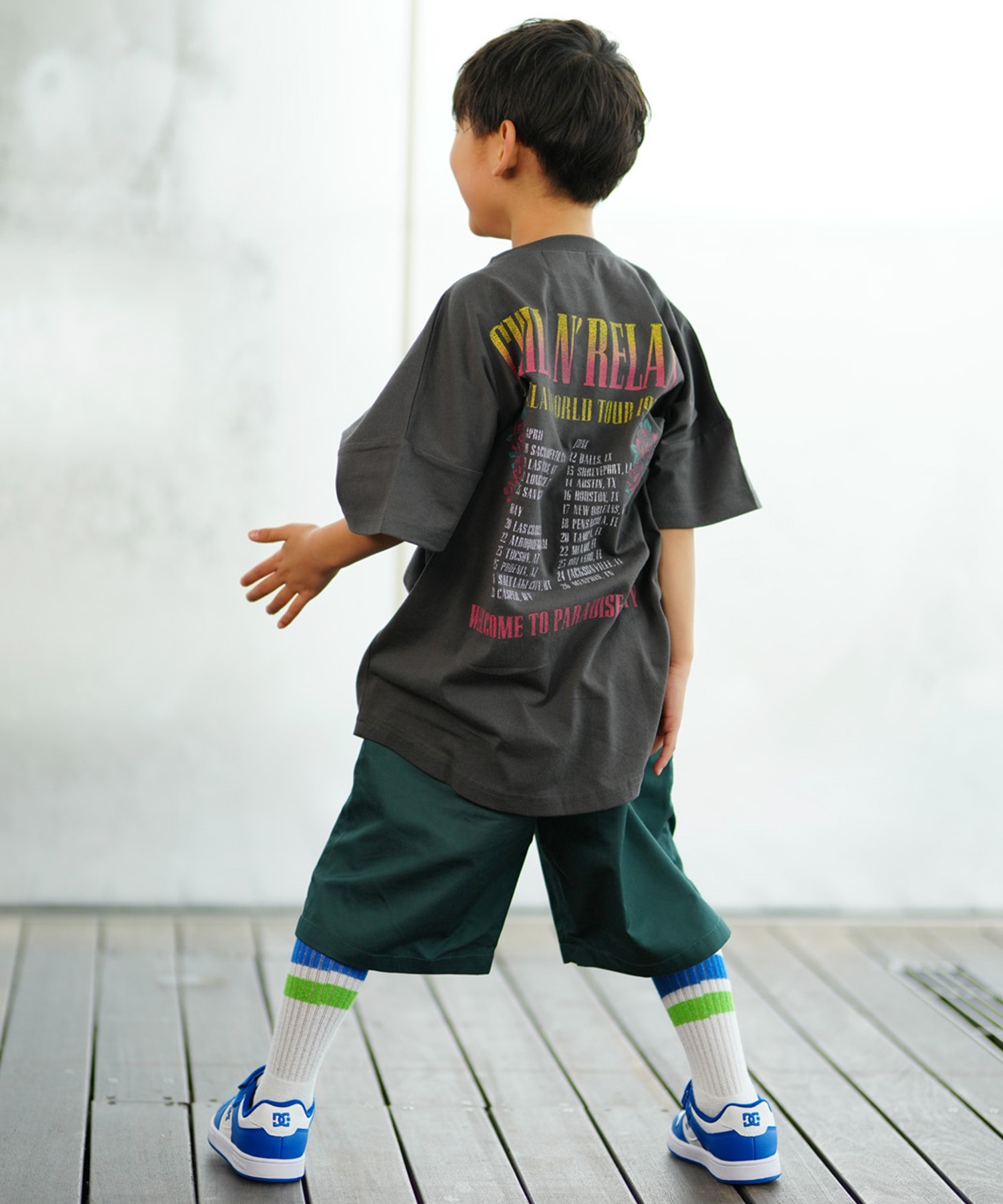 CHILLAX チラックス キッズ Tシャツ 半袖 バンド風 ピグメント加工 ヴィンテージ風 オーバーサイズ 242CL3ST192(RED-130cm)