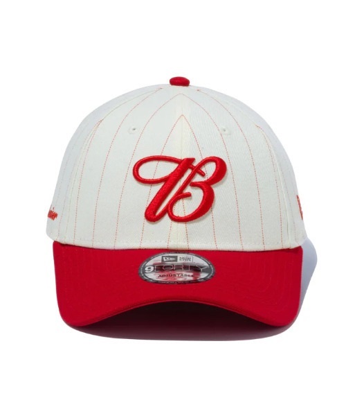 NEW ERA/ニューエラ キャップ 9FORTY Budweiser バドワイザー Bロゴ クロームホワイトピンストライプ ラディアントレッドバイザー 13534544(WHIST-F)