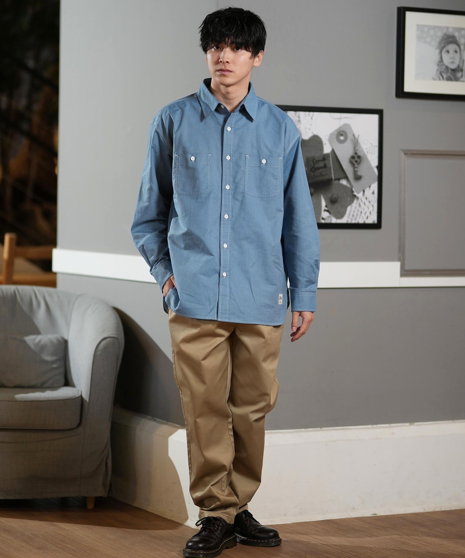 DEAR LAUREL ディアローレル 長袖 シャツ メンズ シンプル D25S2202(NVY-M)