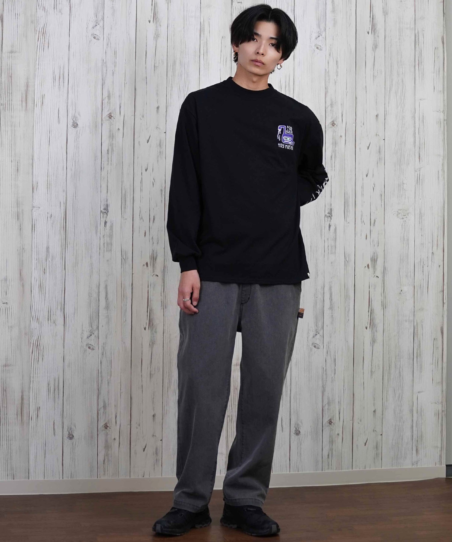 TOY MACHINE トイマシーン 長袖 Tシャツ メンズ ビックシルエット バックプリント ムラサキスポーツ限定 MTMPFLT1(BLACK-M)