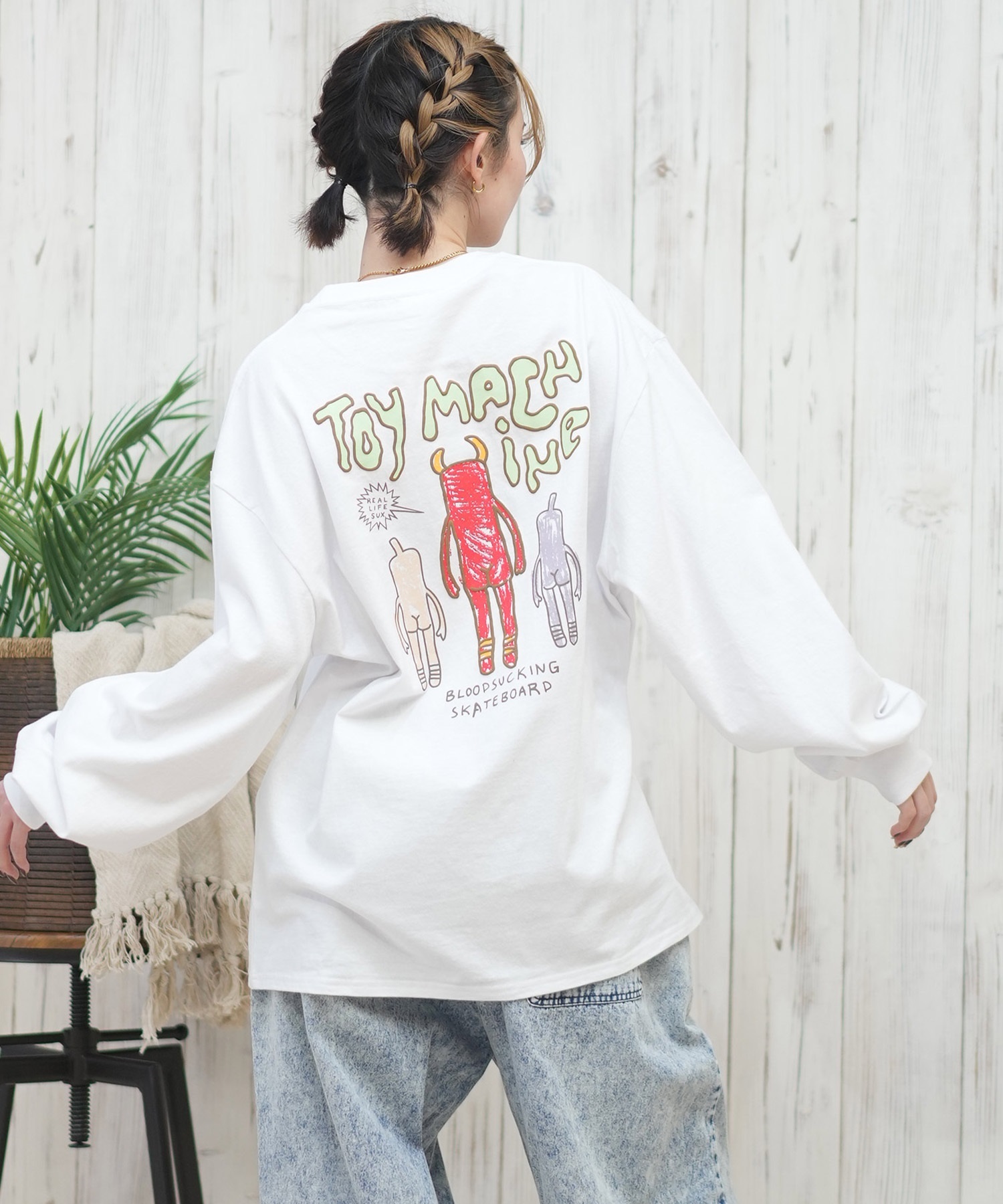 TOY MACHINE トイマシーン 長袖 Tシャツ レディース ロンT オーバーサイズ バックプリント MTMPFLT9 ムラサキスポーツ限定(WHITE-M)