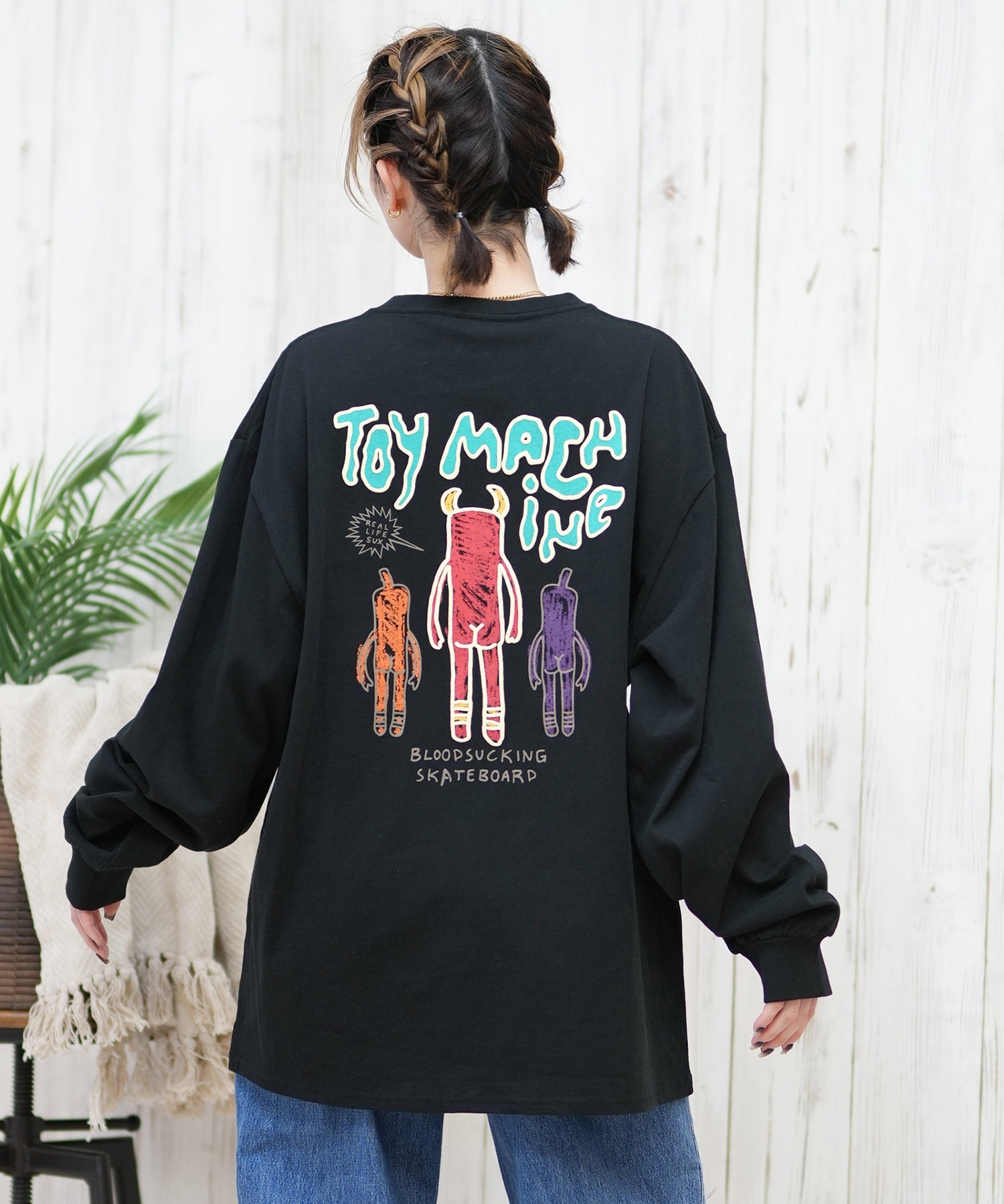 TOY MACHINE トイマシーン 長袖 Tシャツ レディース ロンT オーバーサイズ バックプリント MTMPFLT9 ムラサキスポーツ限定(WHITE-M)