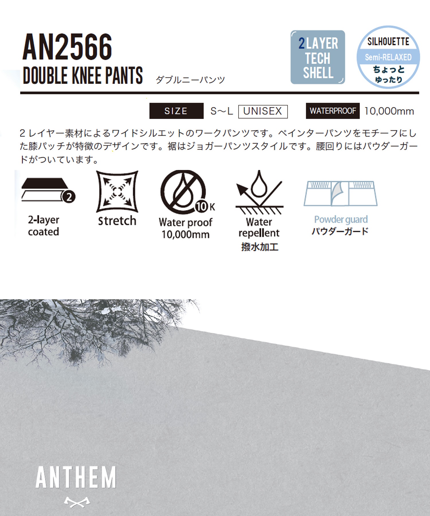 【早期購入/店頭受取対象外】ANTHEM アンセム スノーボード ウェア パンツ ユニセックス DOUBLE KNEE 25-26モデル LL C14(BLACK-S)