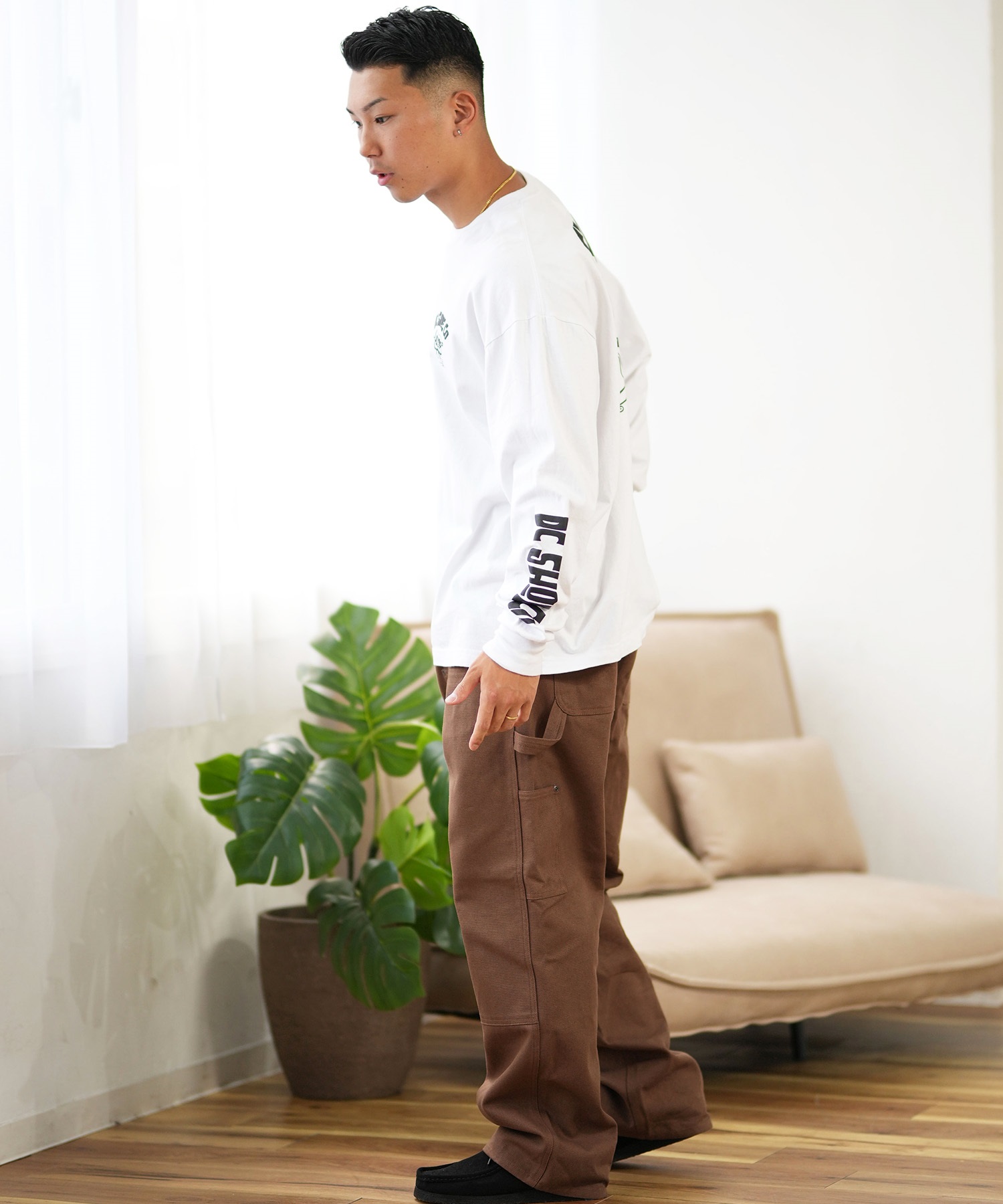 DC ディーシー 長袖 Tシャツ メンズ ロンT バックプリント スリーブロゴ ルーズシルエット DLT244075(WHT-M)