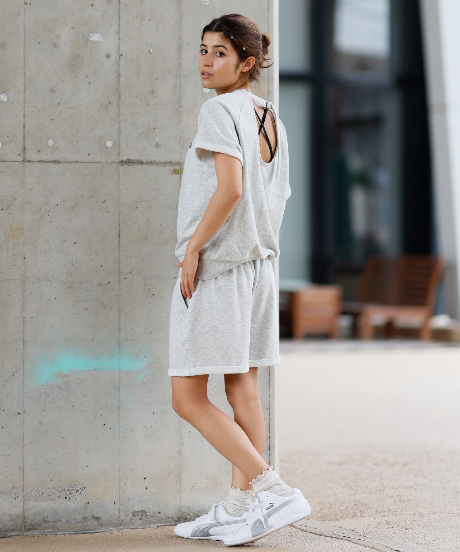Hurley ハーレー 半袖 Tシャツ レディース スウェット生地 バックオープン ワンポイント ロゴ WSS2421016(AGHT-FREE)