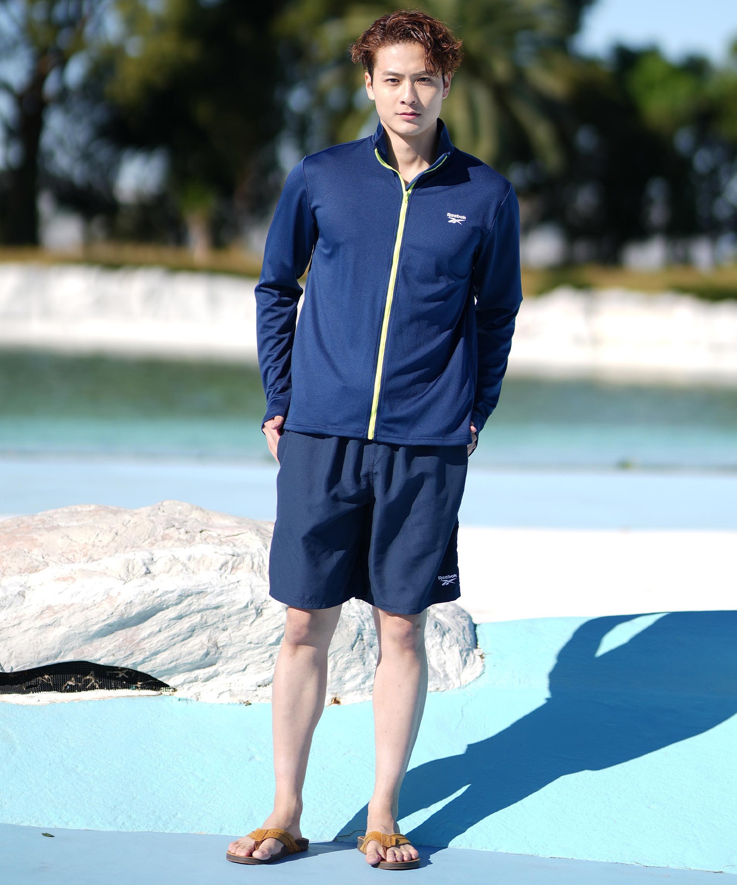 Reebok リーボック 水着 ラッシュガード 長袖 ジップアップ ハイネック メンズ UVカット UVジャケット 420768(NV-M)