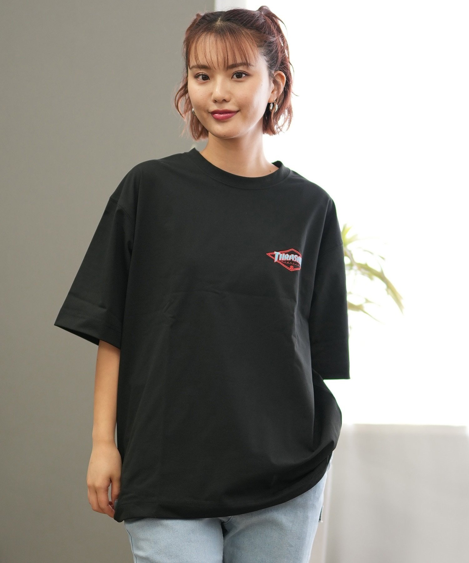 THRASHER スラッシャー ラッシュガード レディース 半袖 Tシャツ ワンポイント 水陸両用 UVカット 242TH2ST002 ムラサキスポーツ限定(BK/PL-M)