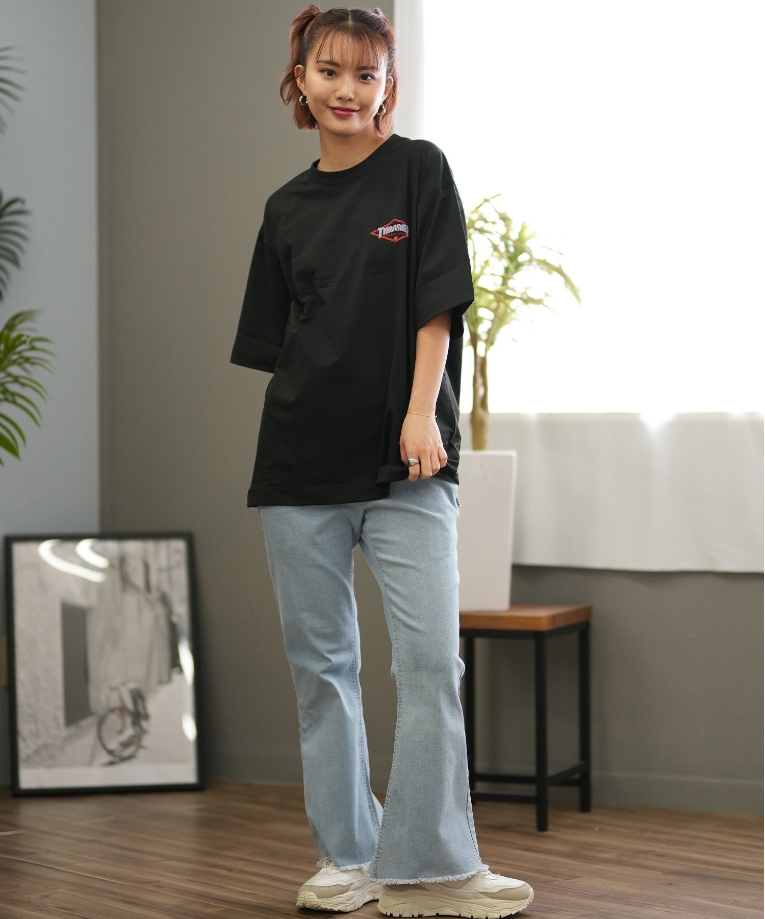 THRASHER スラッシャー ラッシュガード レディース 半袖 Tシャツ ワンポイント 水陸両用 UVカット 242TH2ST002 ムラサキスポーツ限定(BK/PL-M)