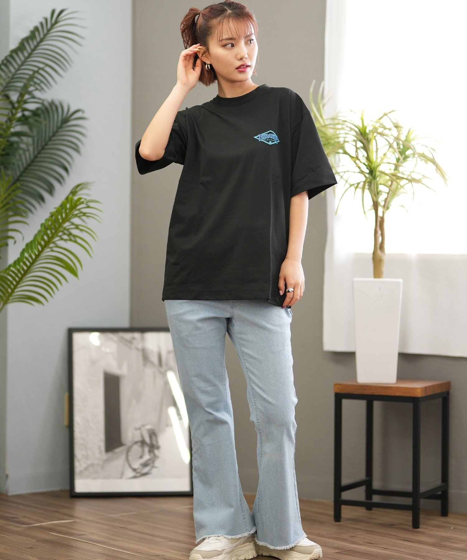 THRASHER スラッシャー ラッシュガード レディース 半袖 Tシャツ ワンポイント 水陸両用 UVカット 242TH2ST002 ムラサキスポーツ限定(BK/PL-M)