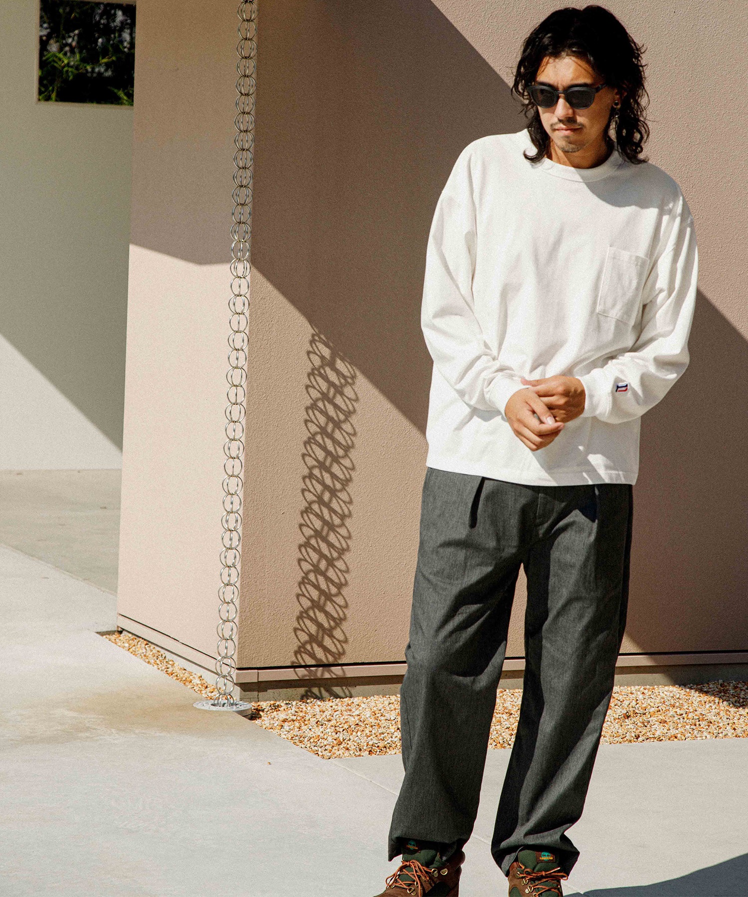 DEAR LAUREL ディアローレル 長袖 Tシャツ ロンT 無地 ポケット ポケT ワンポイントロゴ シンプル D24F2201(WHT-M)