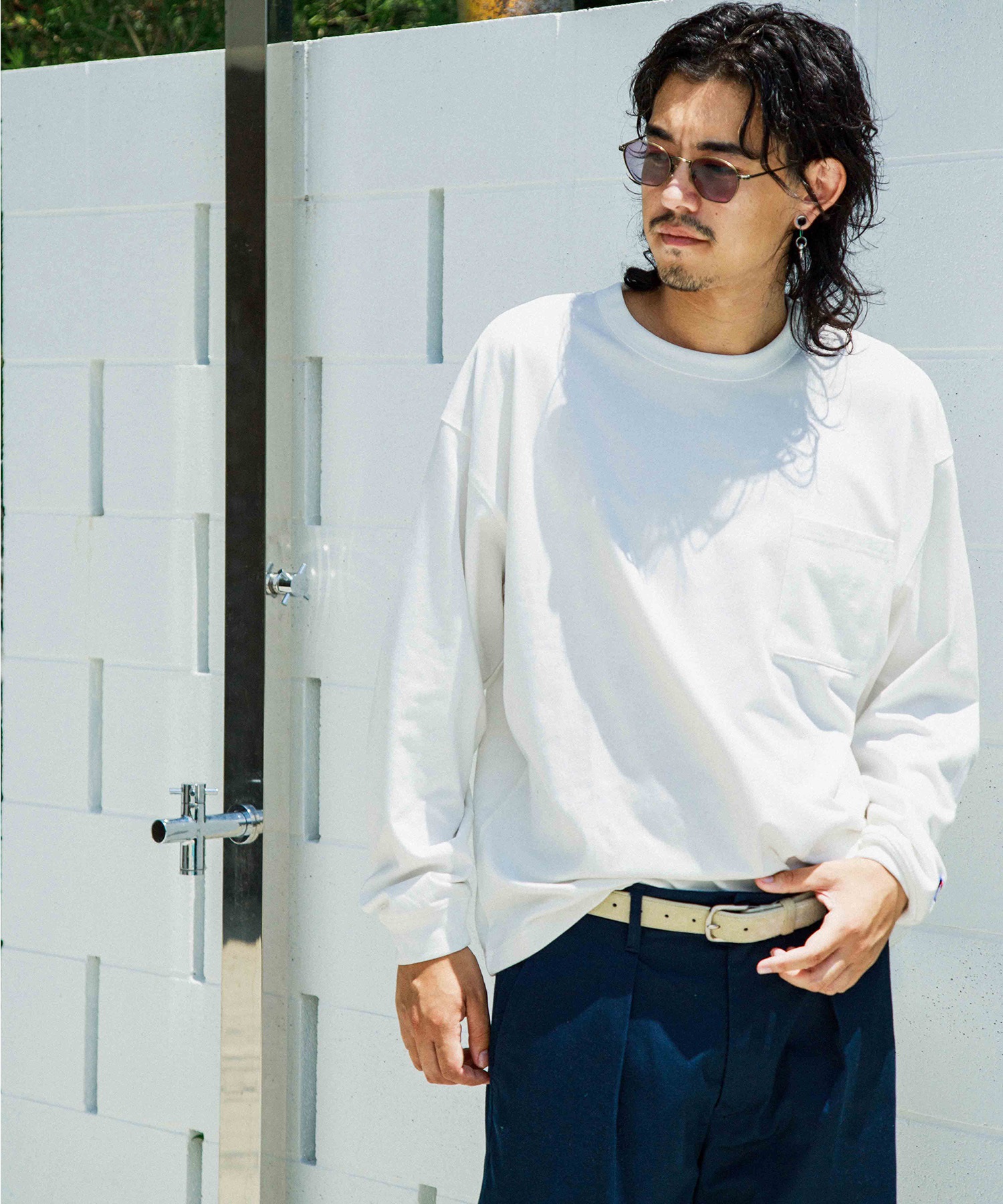 DEAR LAUREL ディアローレル 長袖 Tシャツ ロンT 無地 ポケット ポケT ワンポイントロゴ シンプル D24F2201(WHT-M)