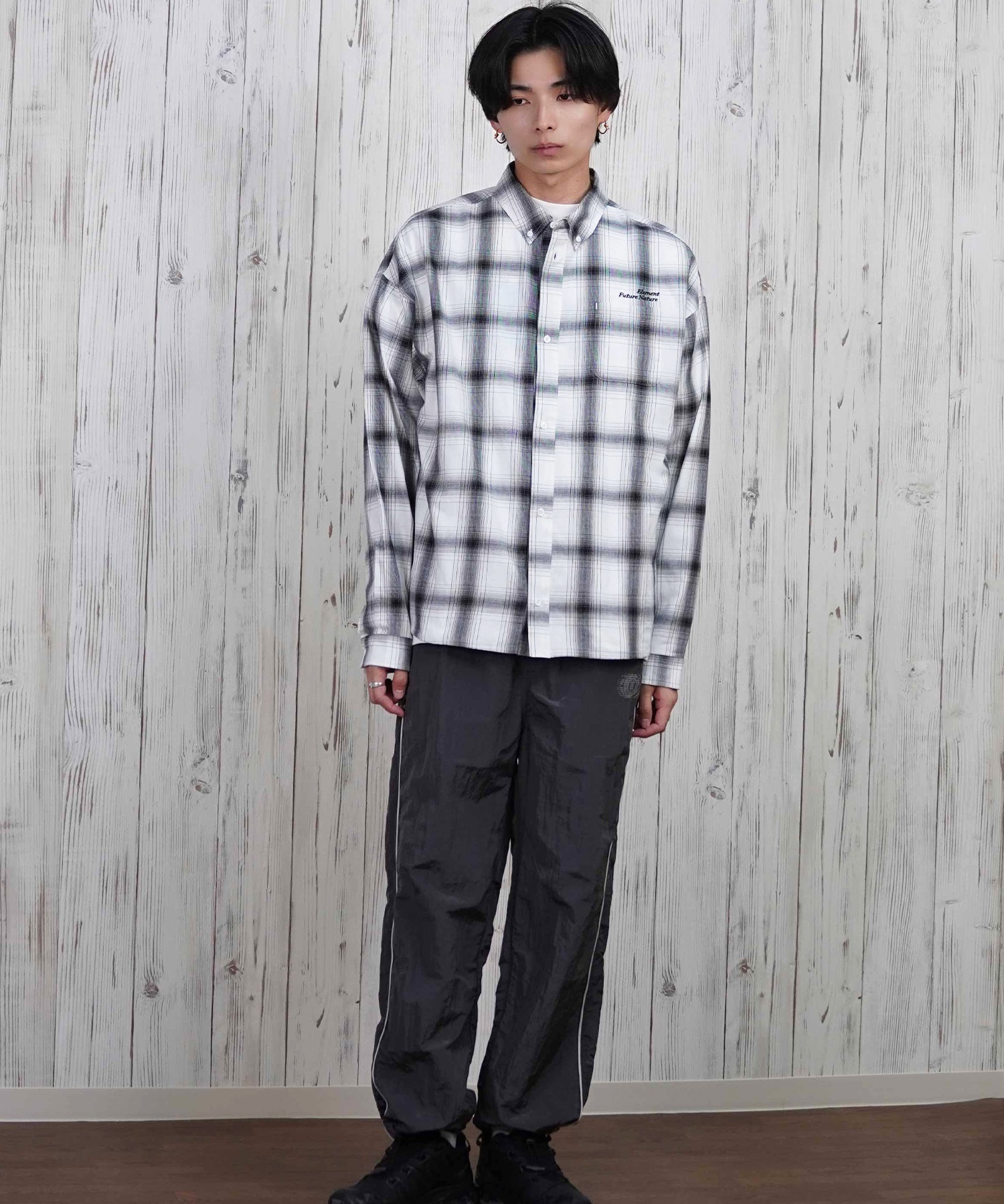 ELEMENT エレメント 長袖 シャツ メンズ チェックシャツ ビッグシルエット BF021-101(WHT-M)