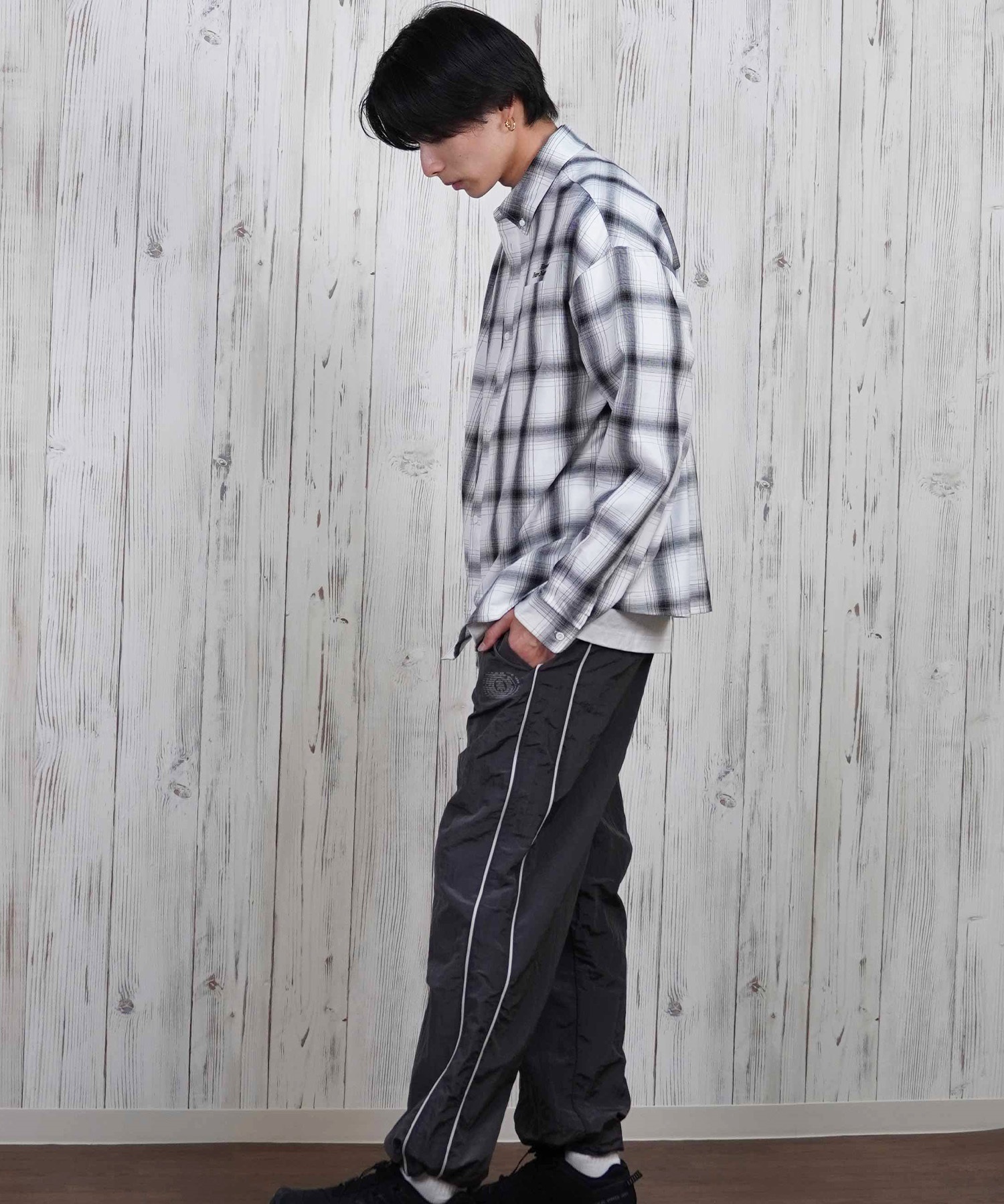 ELEMENT エレメント 長袖 シャツ メンズ チェックシャツ ビッグシルエット BF021-101(WHT-M)