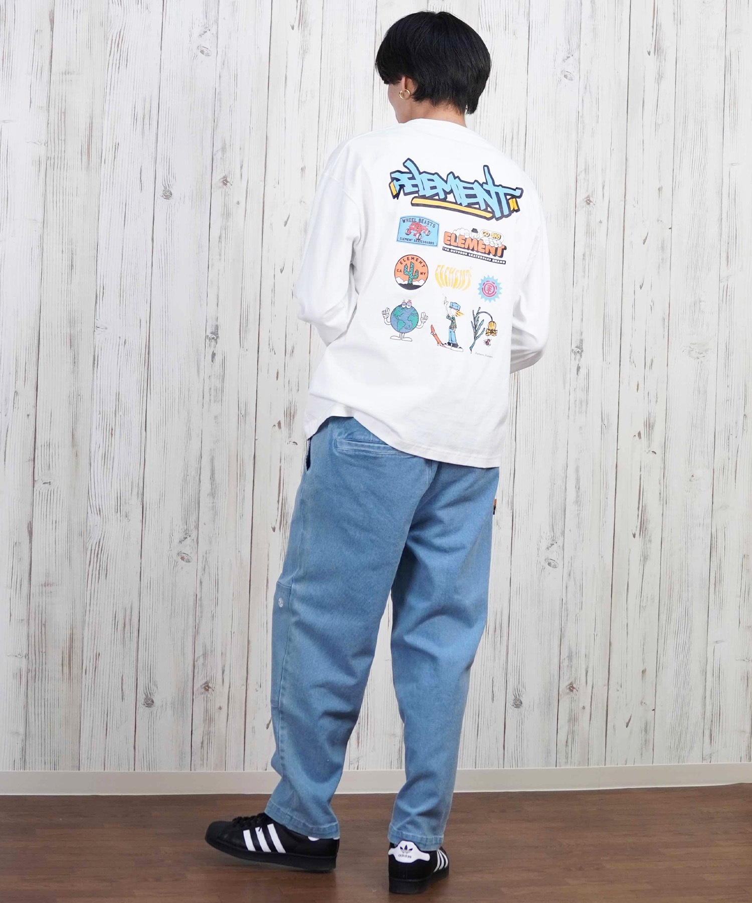 ELEMENT エレメント ロングパンツ デニム メンズ ロンパン ダブルニー ワイドシルエット ワンポイント BF021-702(BDM-M)