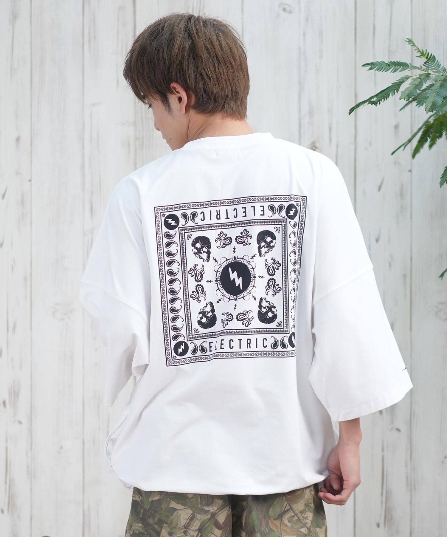 Electric エレクトリック ラッシュガード メンズ 半袖 Tシャツ バックプリント 水陸両用 UVカット E25STM05 ムラサキスポーツ限定(W/BK-M)