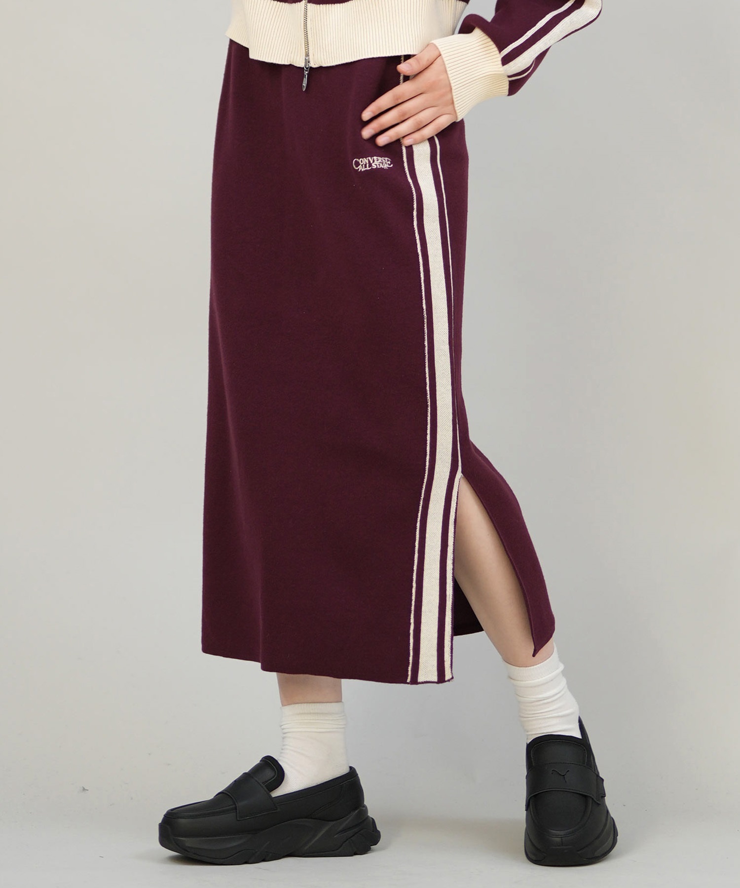 CONVERSE コンバース ロングスカート レディース ニットスカート サイドライン ナロースカート セットアップ対応  5487-6462(49BK-M)