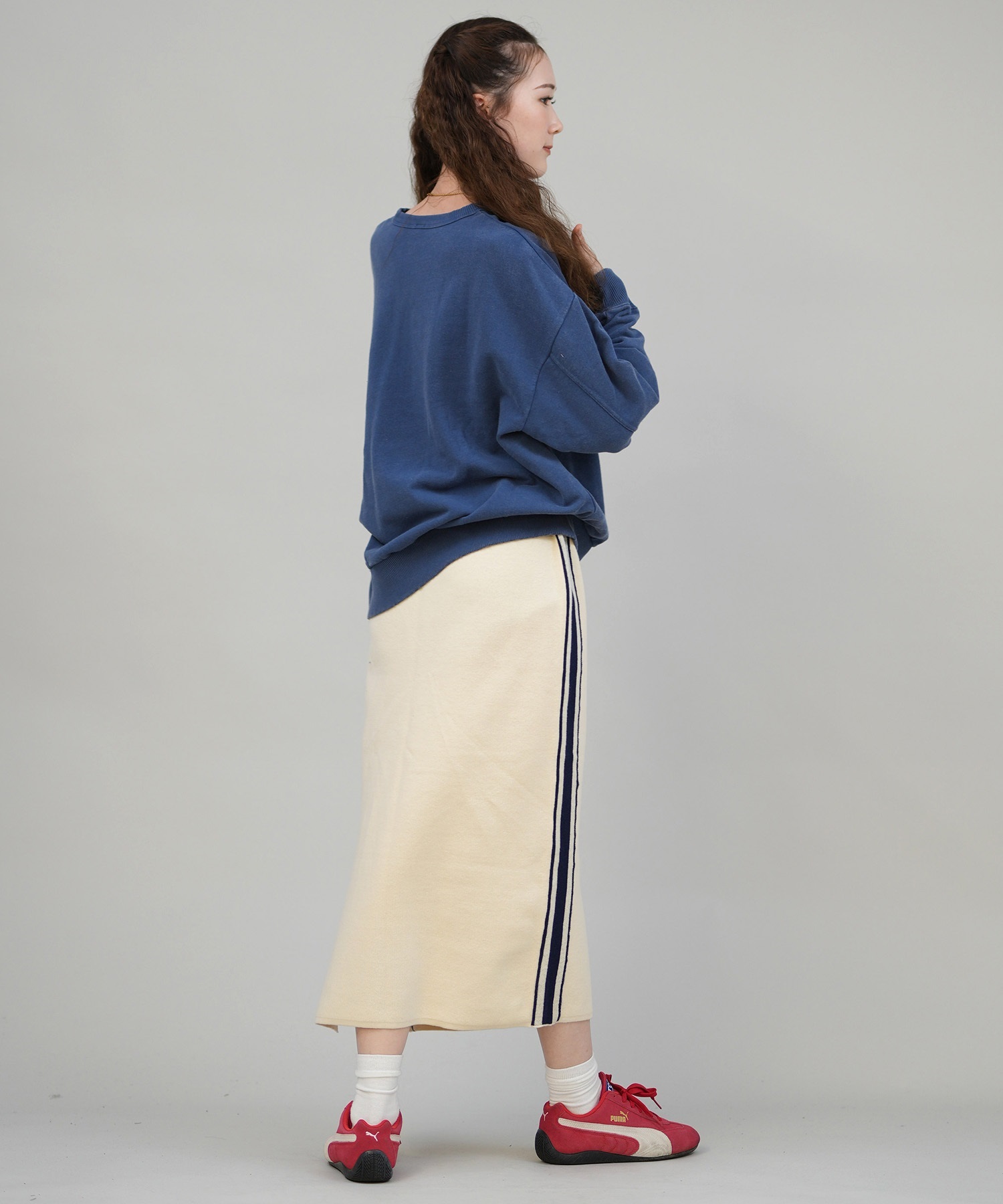 CONVERSE コンバース ロングスカート レディース ニットスカート サイドライン ナロースカート セットアップ対応  5487-6462(49BK-M)