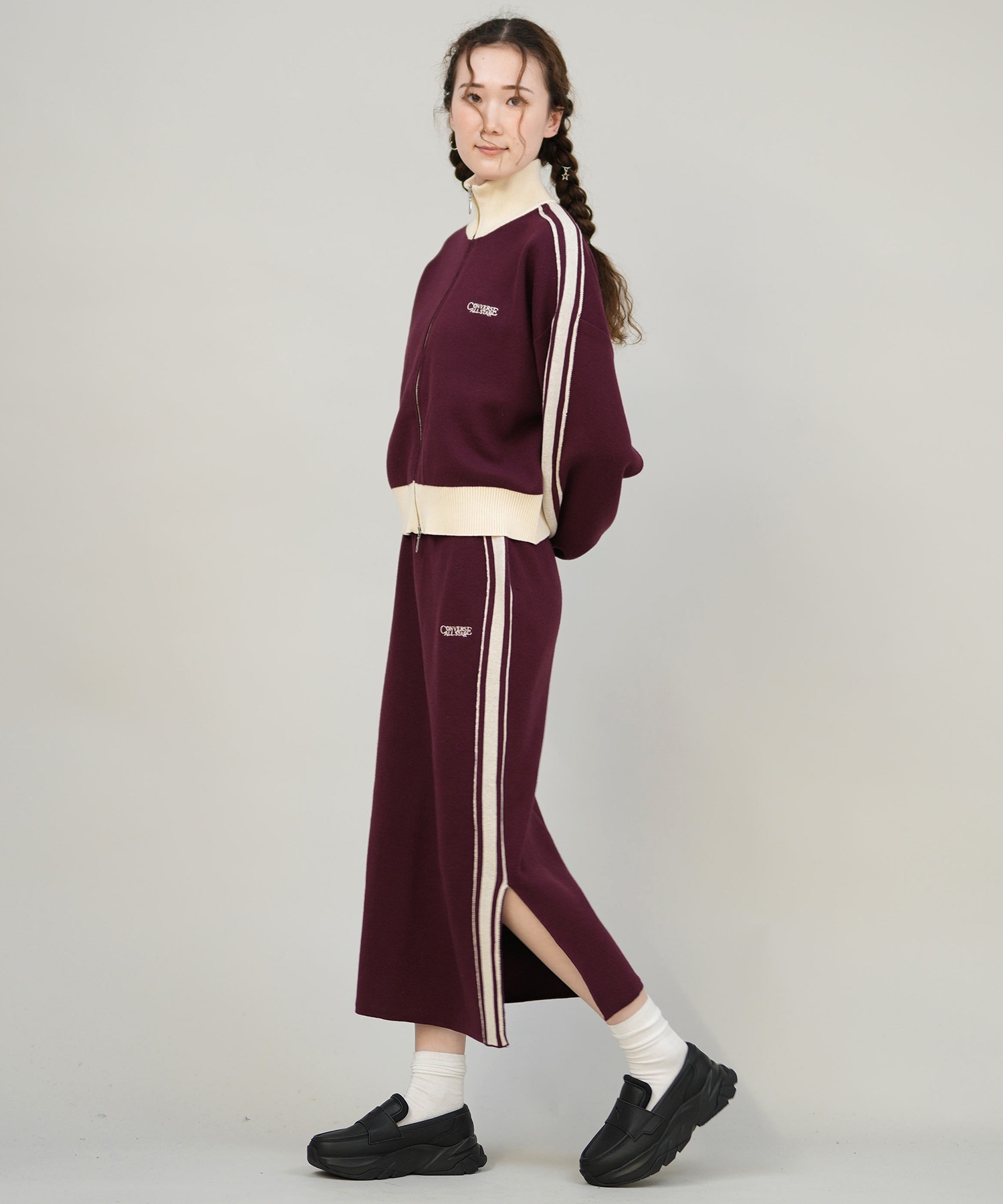 CONVERSE コンバース ロングスカート レディース ニットスカート サイドライン ナロースカート セットアップ対応  5487-6462(49BK-M)