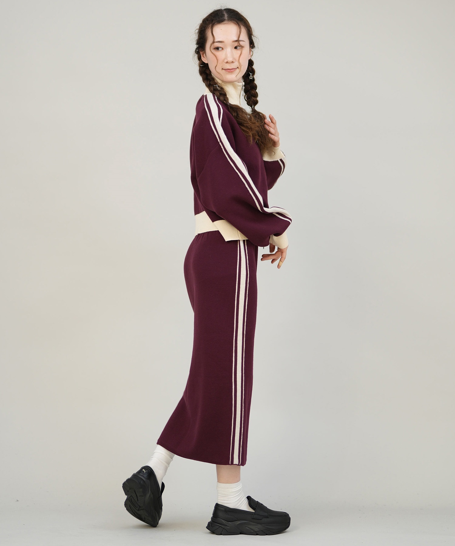 CONVERSE コンバース ロングスカート レディース ニットスカート サイドライン ナロースカート セットアップ対応  5487-6462(49BK-M)