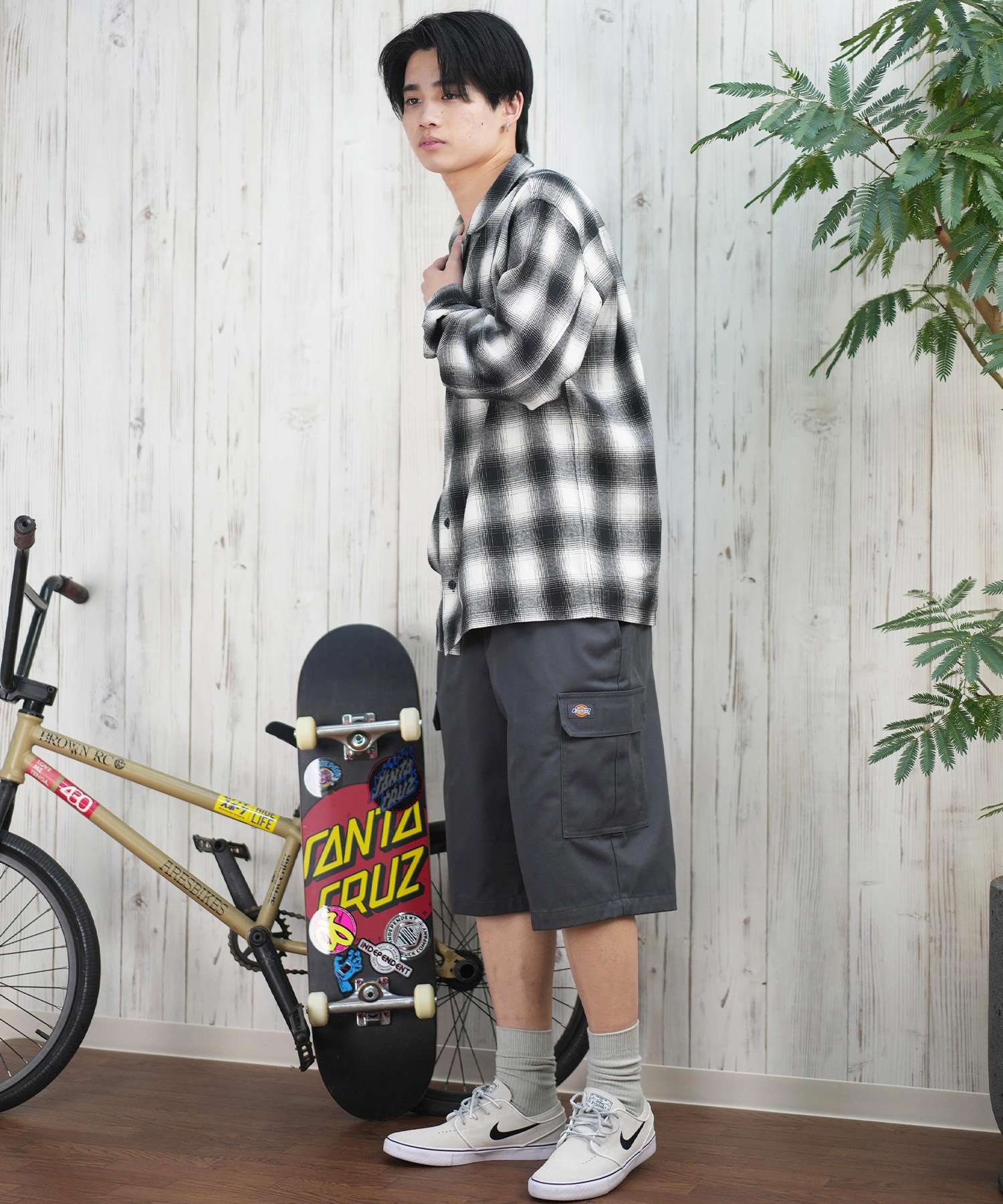SANTACRUZ サンタクルーズ 長袖 シャツ メンズ オンブレチェックシャツ ビッグシルエット 502251201 ムラサキスポーツ限定(WHITE-M)