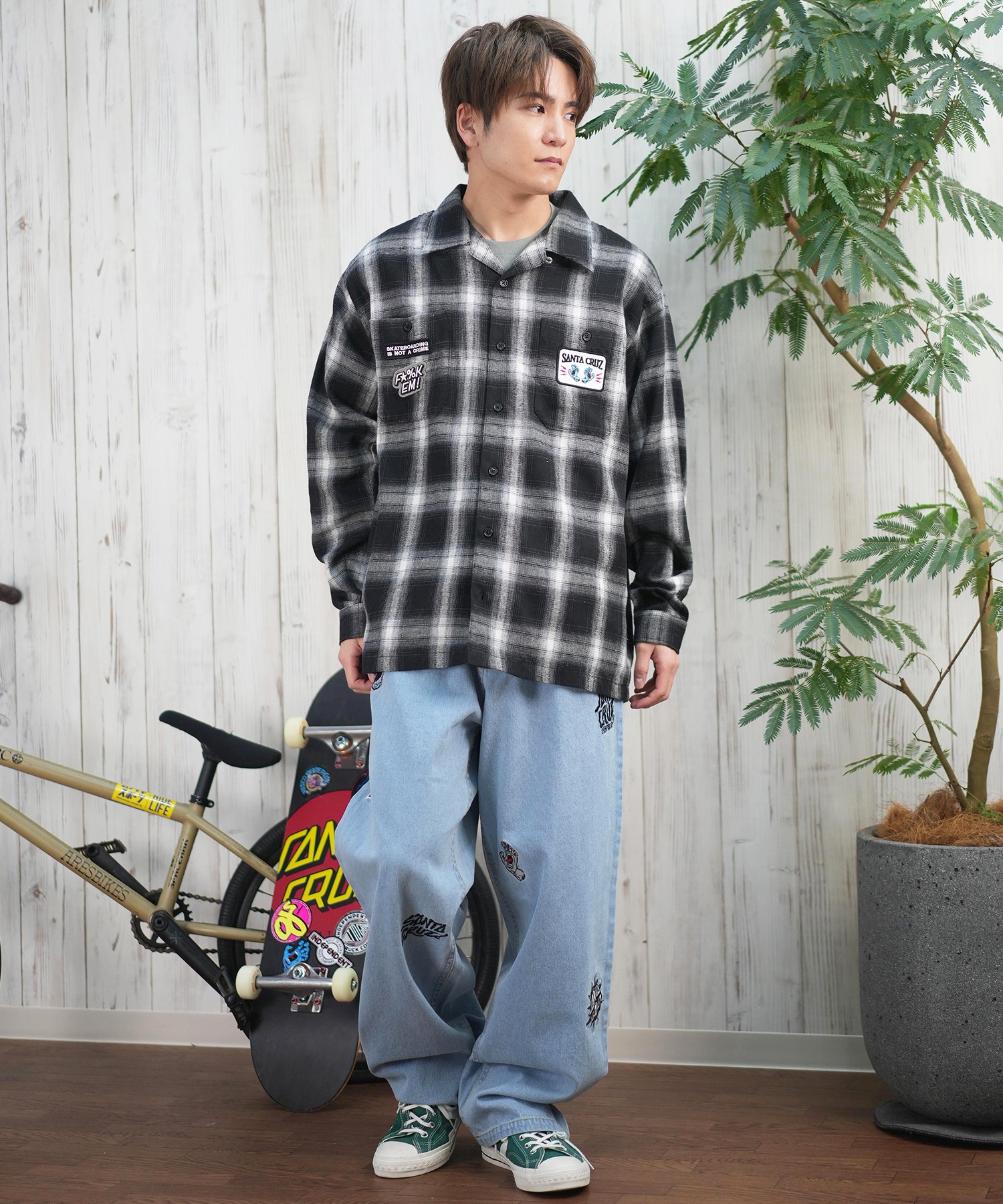 SANTACRUZ サンタクルーズ 長袖 シャツ メンズ オンブレチェックシャツ ビッグシルエット 502251201 ムラサキスポーツ限定(WHITE-M)