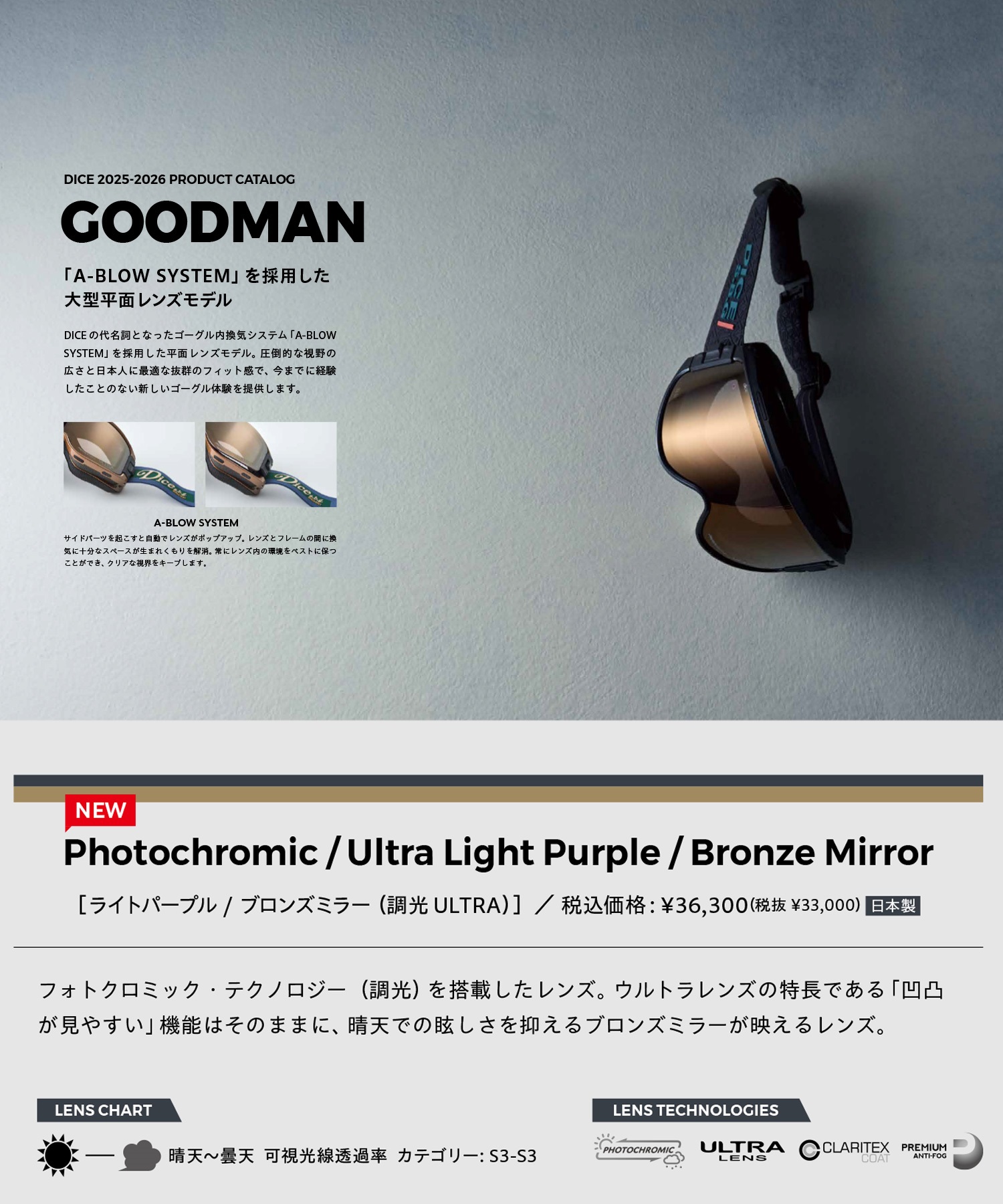 DICE 25-26 GOODMAN マットブラック DICE ダイス GOODMAN 平面レンズ スノーボード ゴーグル ユニセックス