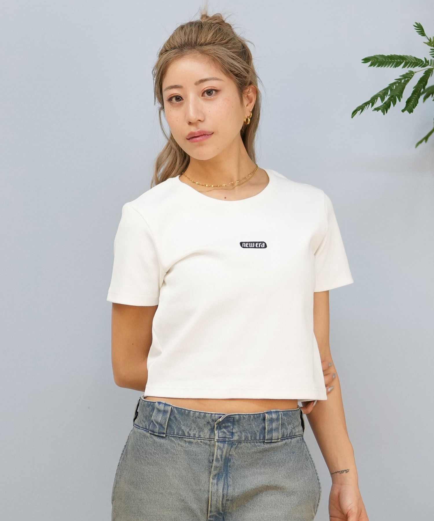 NEW ERA ニューエラ 半袖 Tシャツ レディース クロップド丈 ワンポイント ミニTシャツ リブ 14670917 ムラサキスポーツ限定(WT-S)