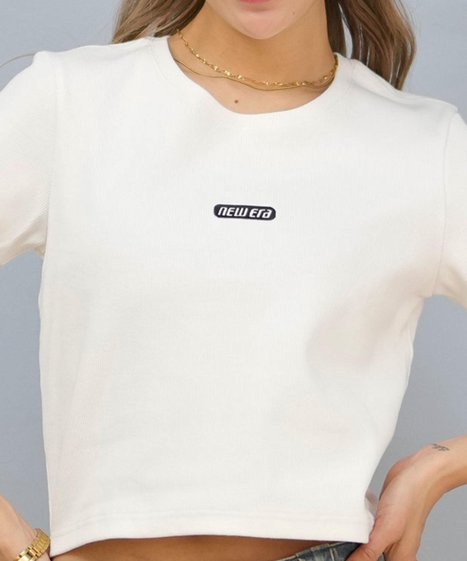 NEW ERA ニューエラ 半袖 Tシャツ レディース クロップド丈 ワンポイント ミニTシャツ リブ 14670917 ムラサキスポーツ限定(WT-S)