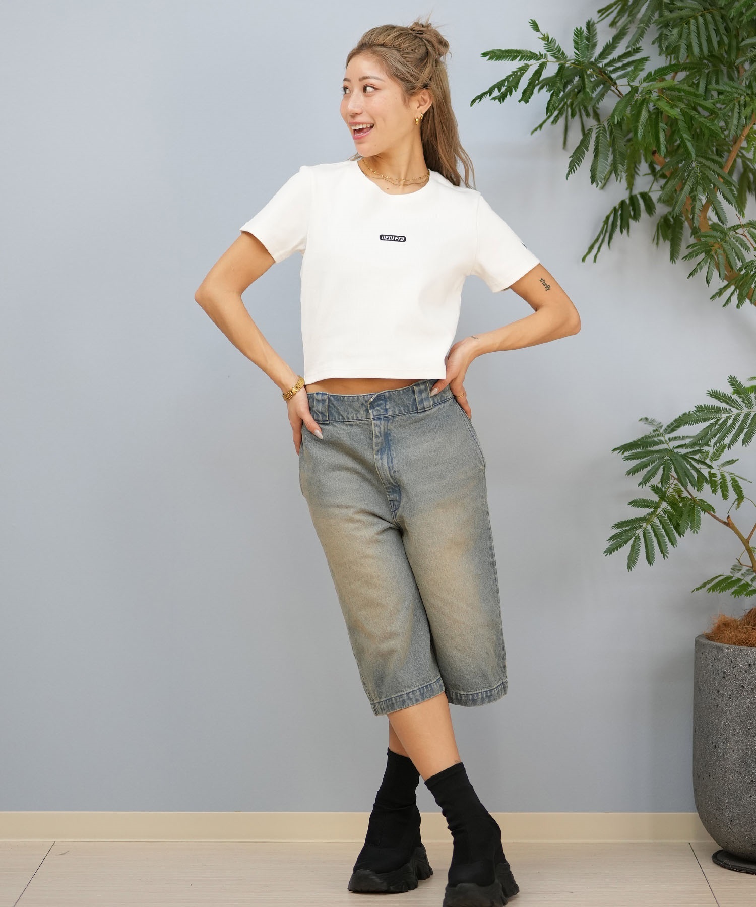 NEW ERA ニューエラ 半袖 Tシャツ レディース クロップド丈 ワンポイント ミニTシャツ リブ 14670917 ムラサキスポーツ限定(WT-S)
