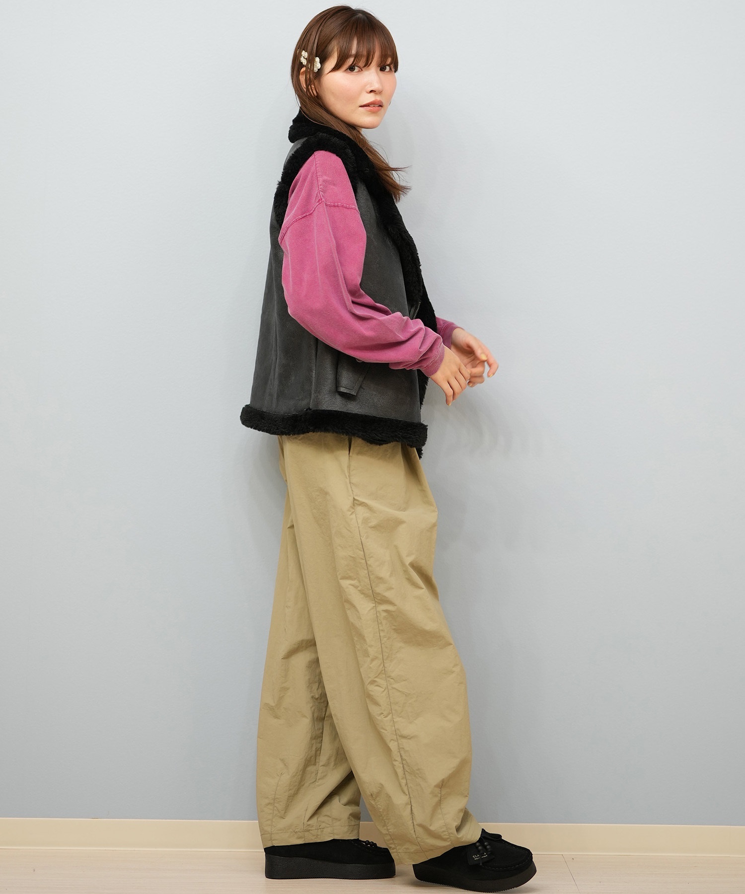 BILLABONG ビラボン ベスト レディース ワンポイント FAUX LEATHER MOUTON VEST BF014-750(BLK-M)