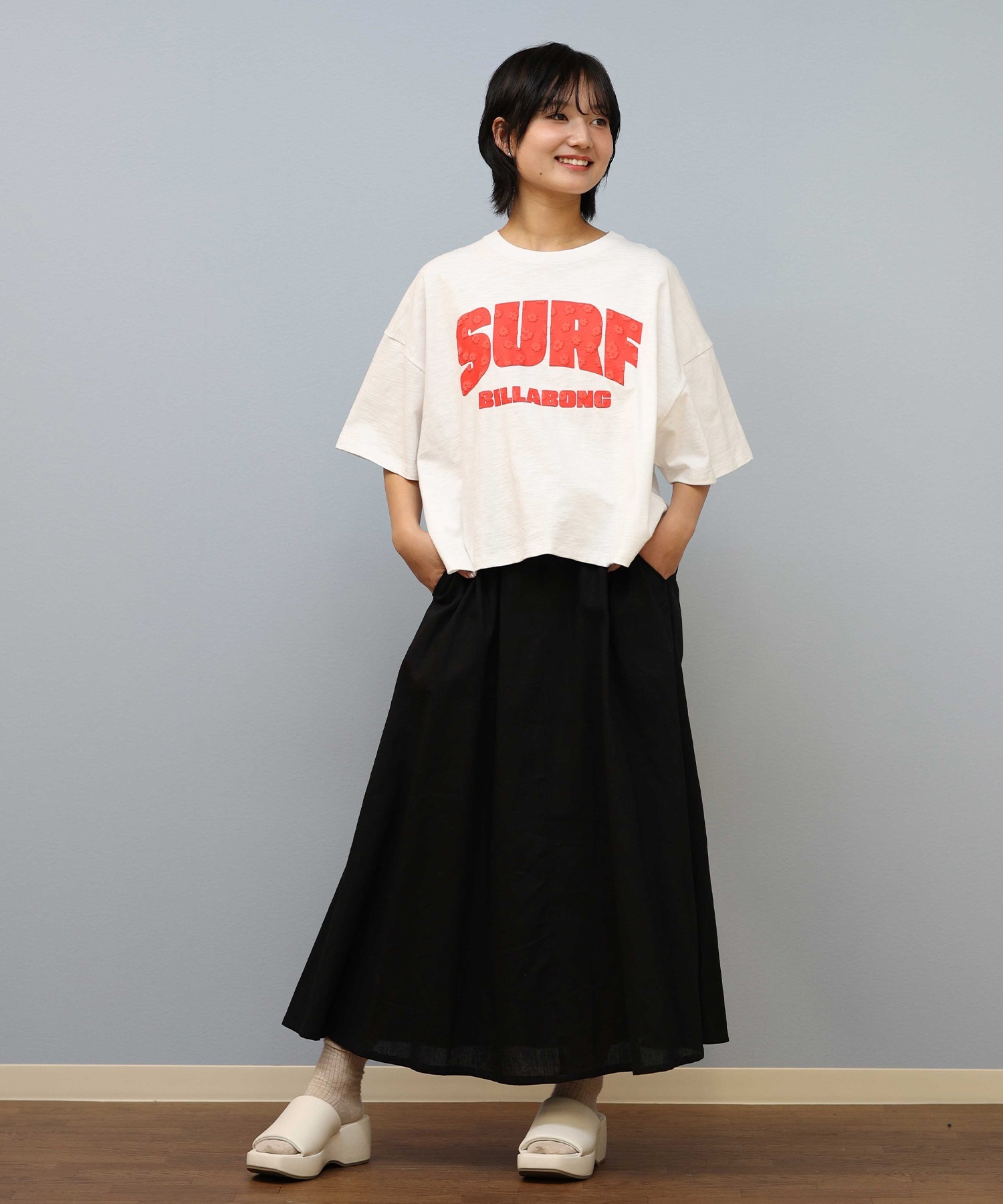 BILLABONG ビラボン 半袖 Tシャツ レディース クロップド丈 ショート丈 フロントプリント SURF WIDE LOOSE CROPPED TEE BF01C-204(WHT-M)
