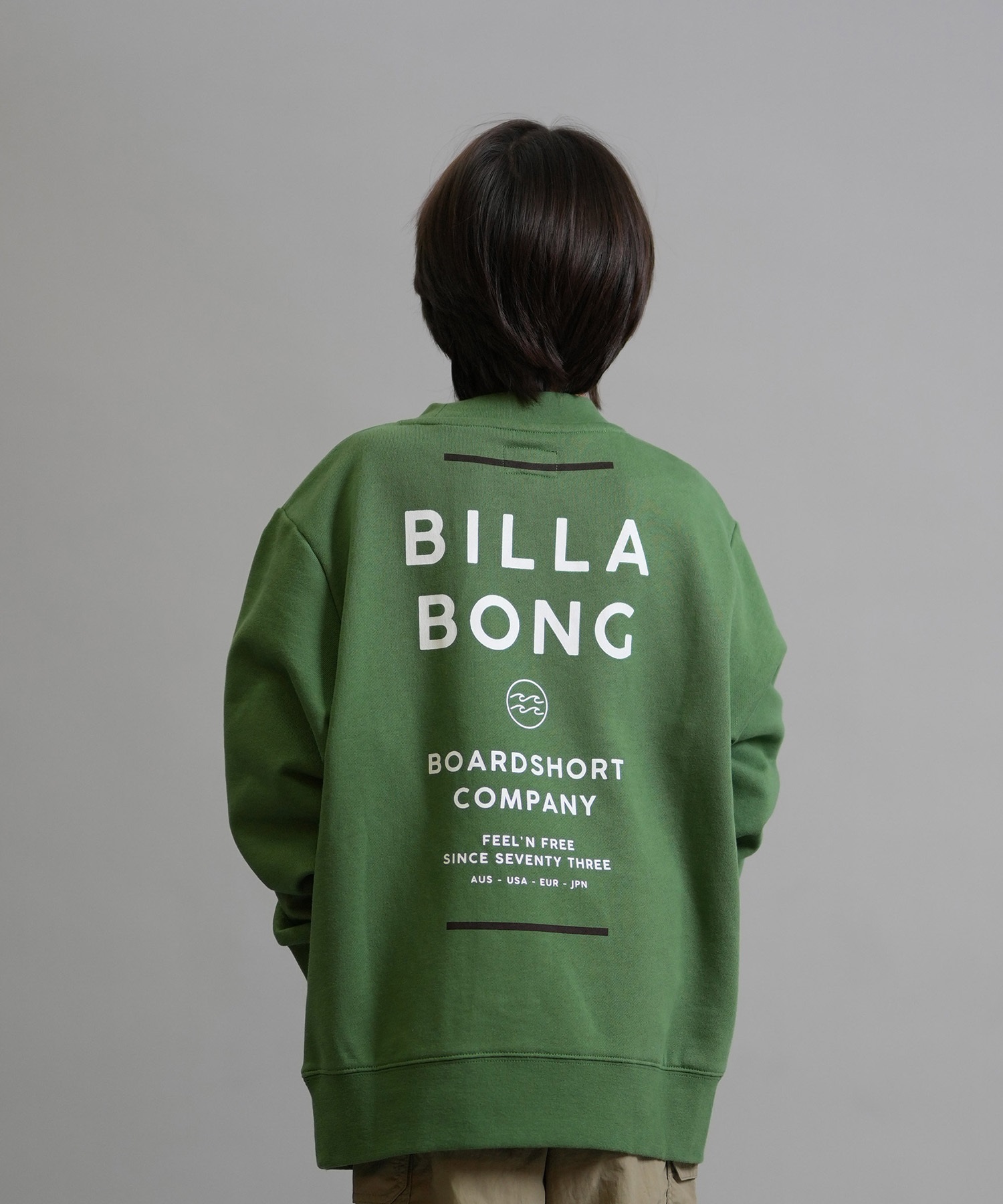 BILLABONG ビラボン トレーナー スウェット キッズ ジュニア 子供 クルーネック ロゴ バックプリント 裏毛 親子コーデ BF016-001(GRN-140cm)