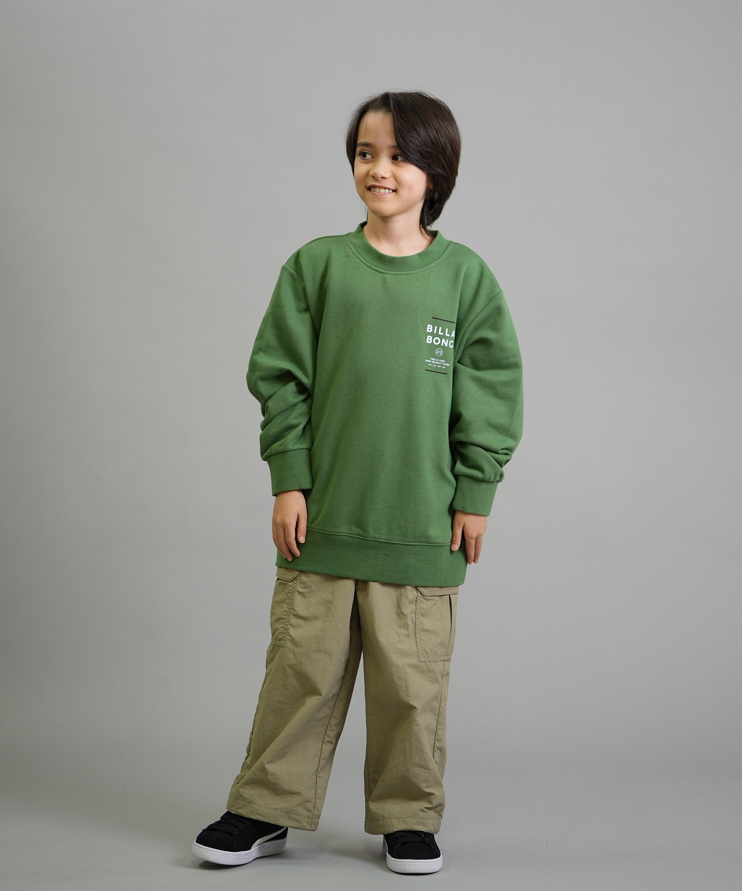 BILLABONG ビラボン トレーナー スウェット キッズ ジュニア 子供 クルーネック ロゴ バックプリント 裏毛 親子コーデ BF016-001(GRN-140cm)