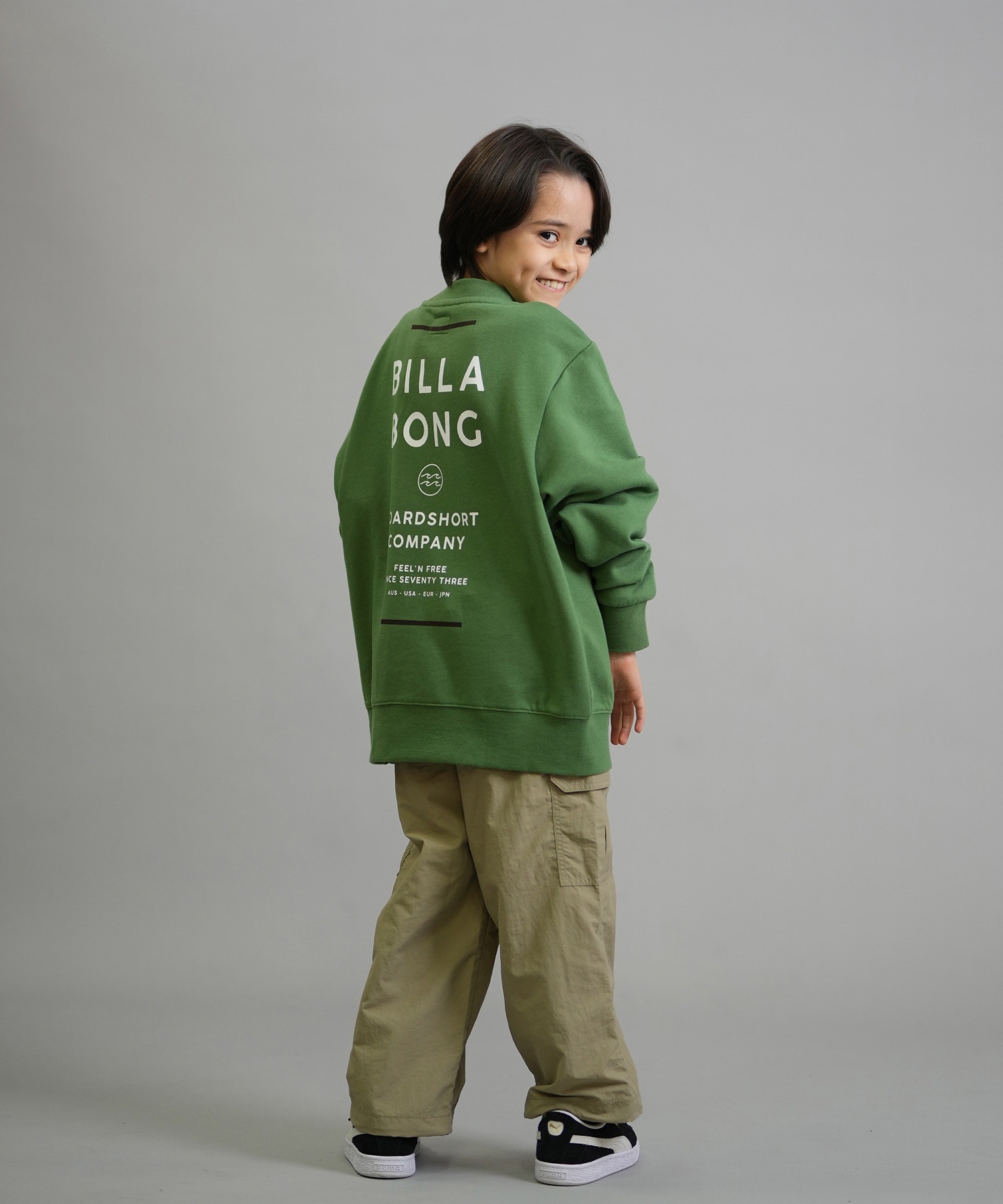 BILLABONG ビラボン トレーナー スウェット キッズ ジュニア 子供 クルーネック ロゴ バックプリント 裏毛 親子コーデ BF016-001(GRN-140cm)