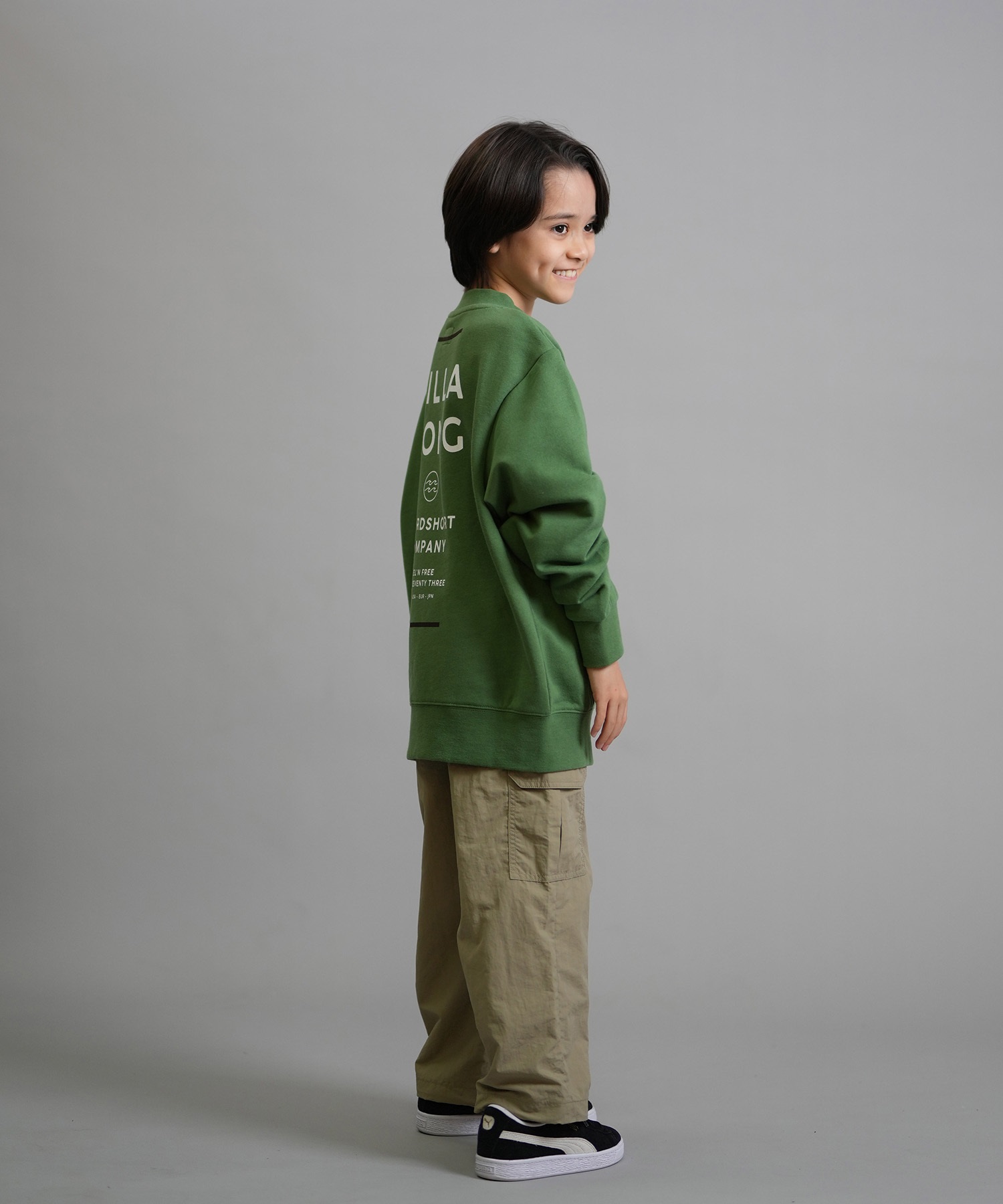 BILLABONG ビラボン トレーナー スウェット キッズ ジュニア 子供 クルーネック ロゴ バックプリント 裏毛 親子コーデ BF016-001(GRN-140cm)