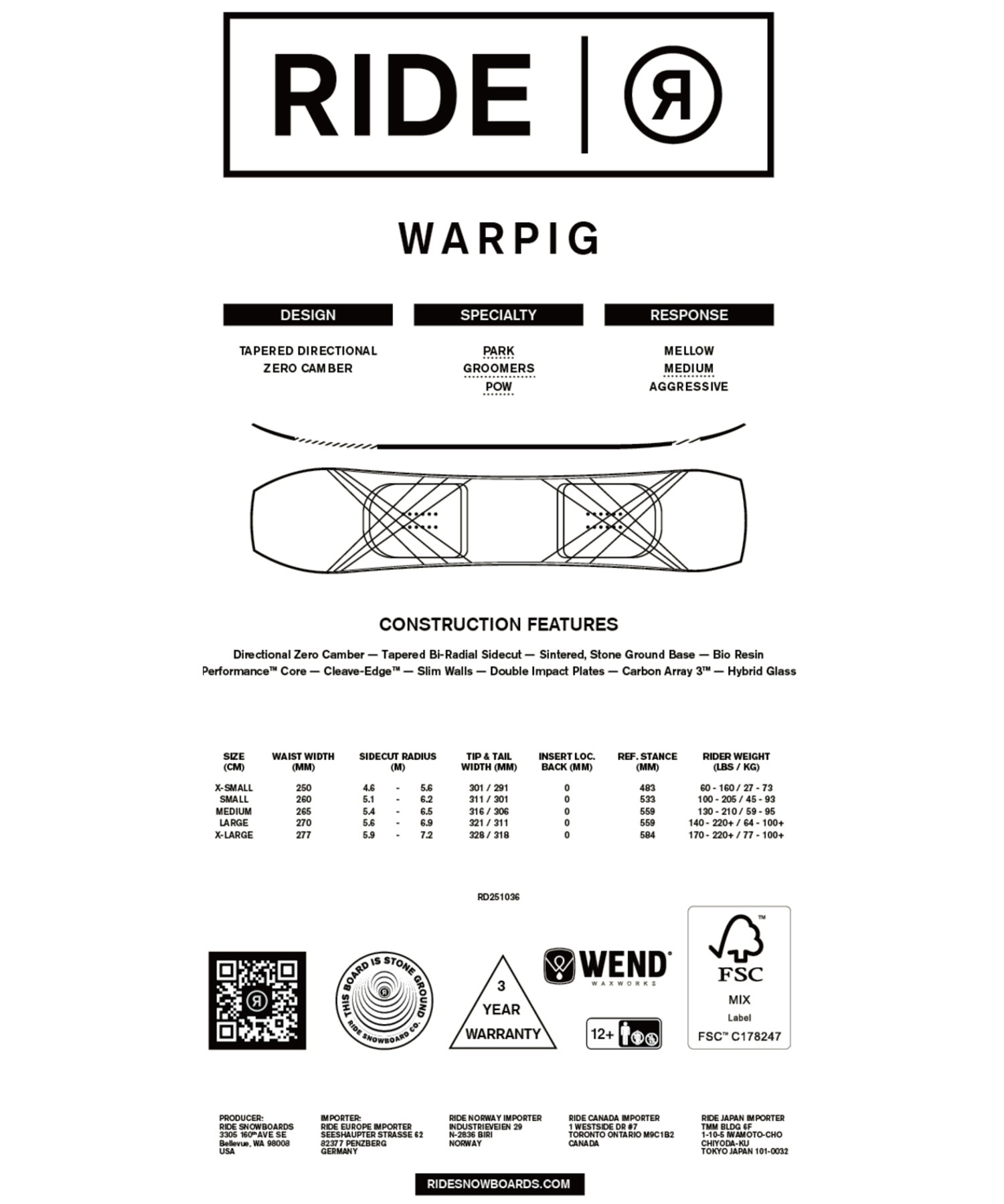 早期購入】 RIDE ライド スノーボード 板 メンズ WARPIG