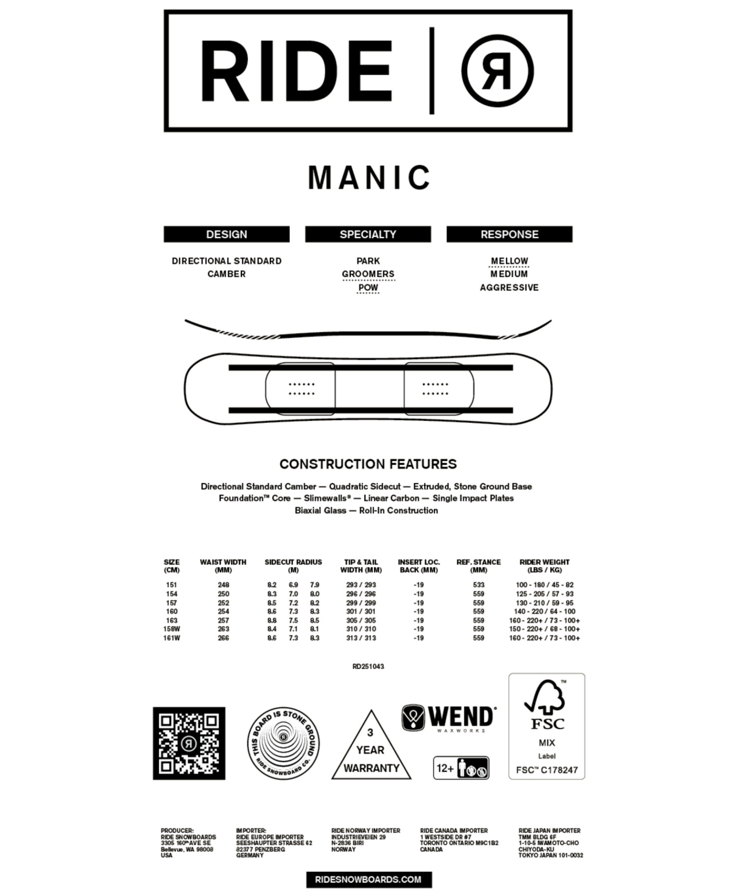 RIDE ライド マニック スノーボード 板 メンズ 25-26 MM B21 
