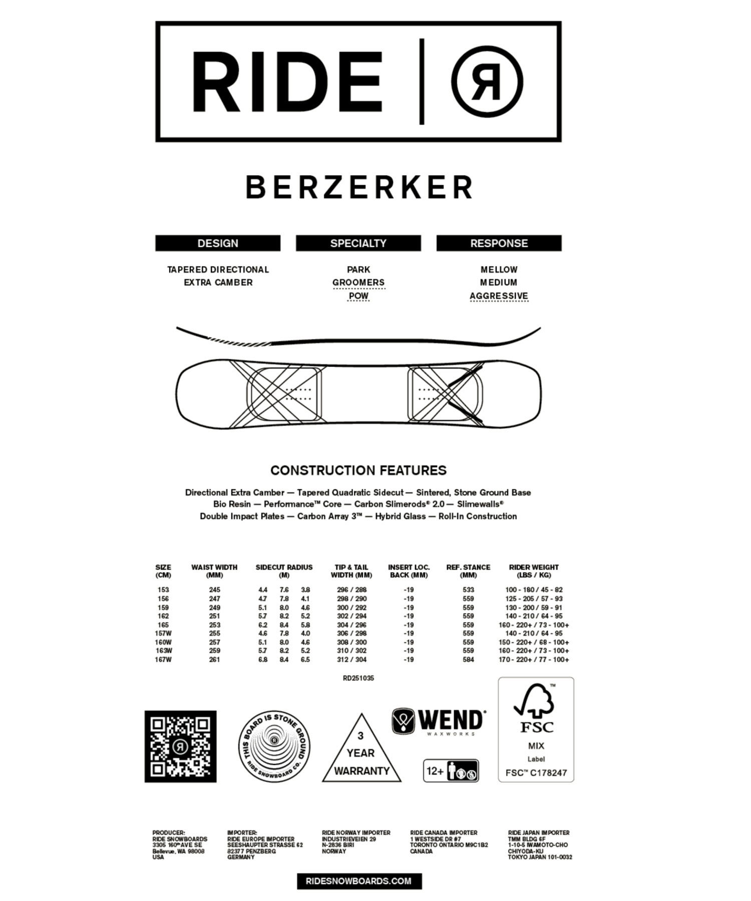 早期購入】 RIDE ライド スノーボード 板 メンズ BERZERKER