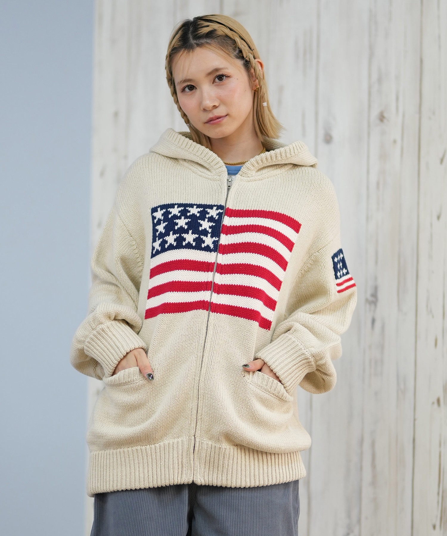 RIKKA FEMME リッカファム ニット セーター レディース ジップアップ パーカー 星条旗 RF25FW18(IVO-FREE)
