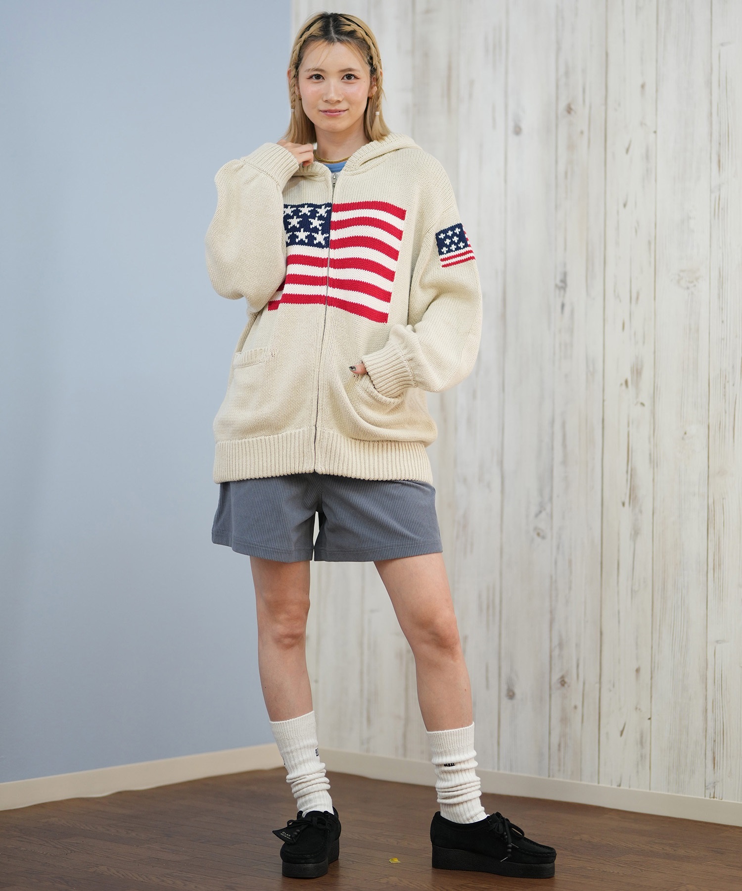 RIKKA FEMME リッカファム ニット セーター レディース ジップアップ パーカー 星条旗 RF25FW18(IVO-FREE)