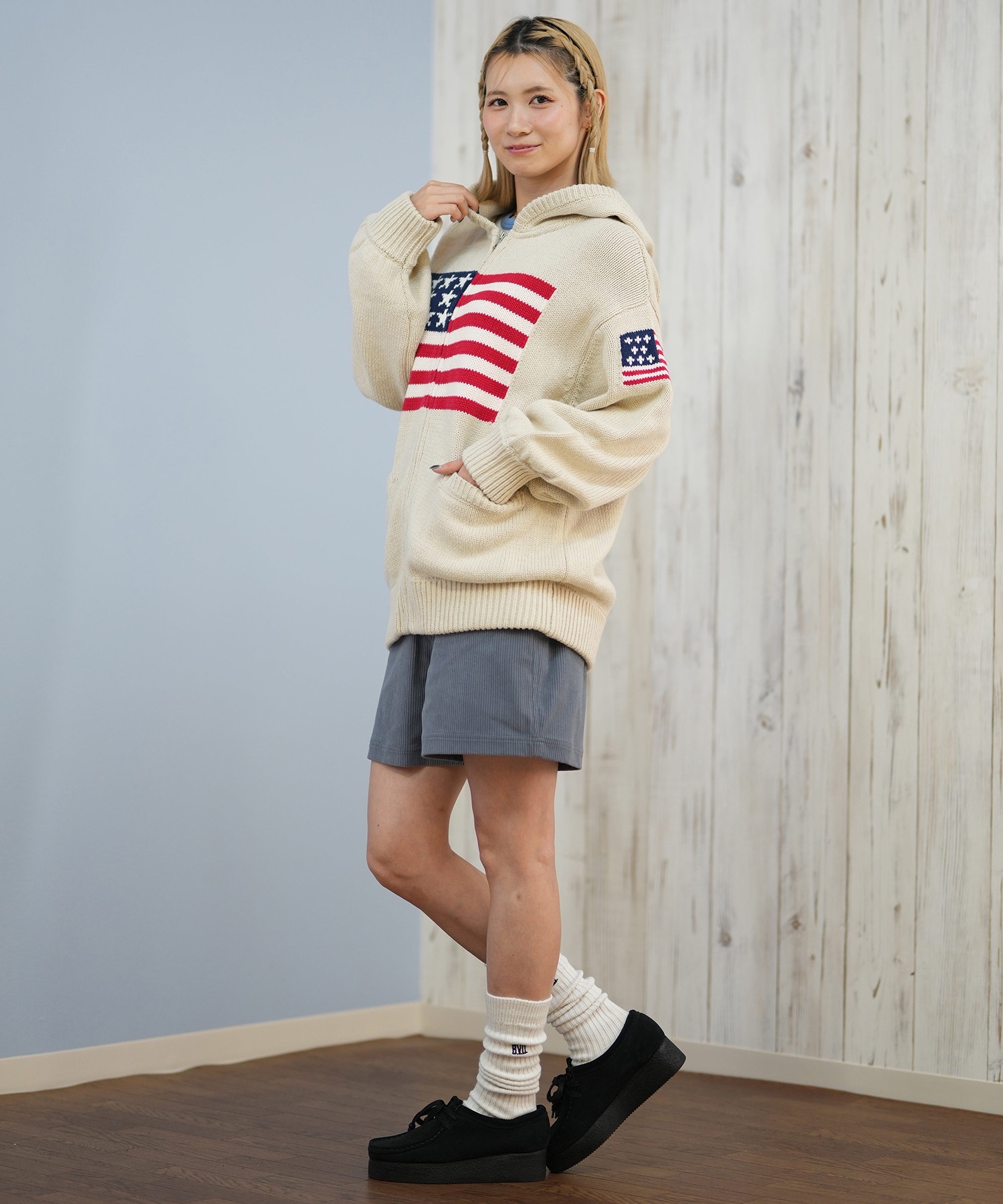 RIKKA FEMME リッカファム ニット セーター レディース ジップアップ パーカー 星条旗 RF25FW18(IVO-FREE)