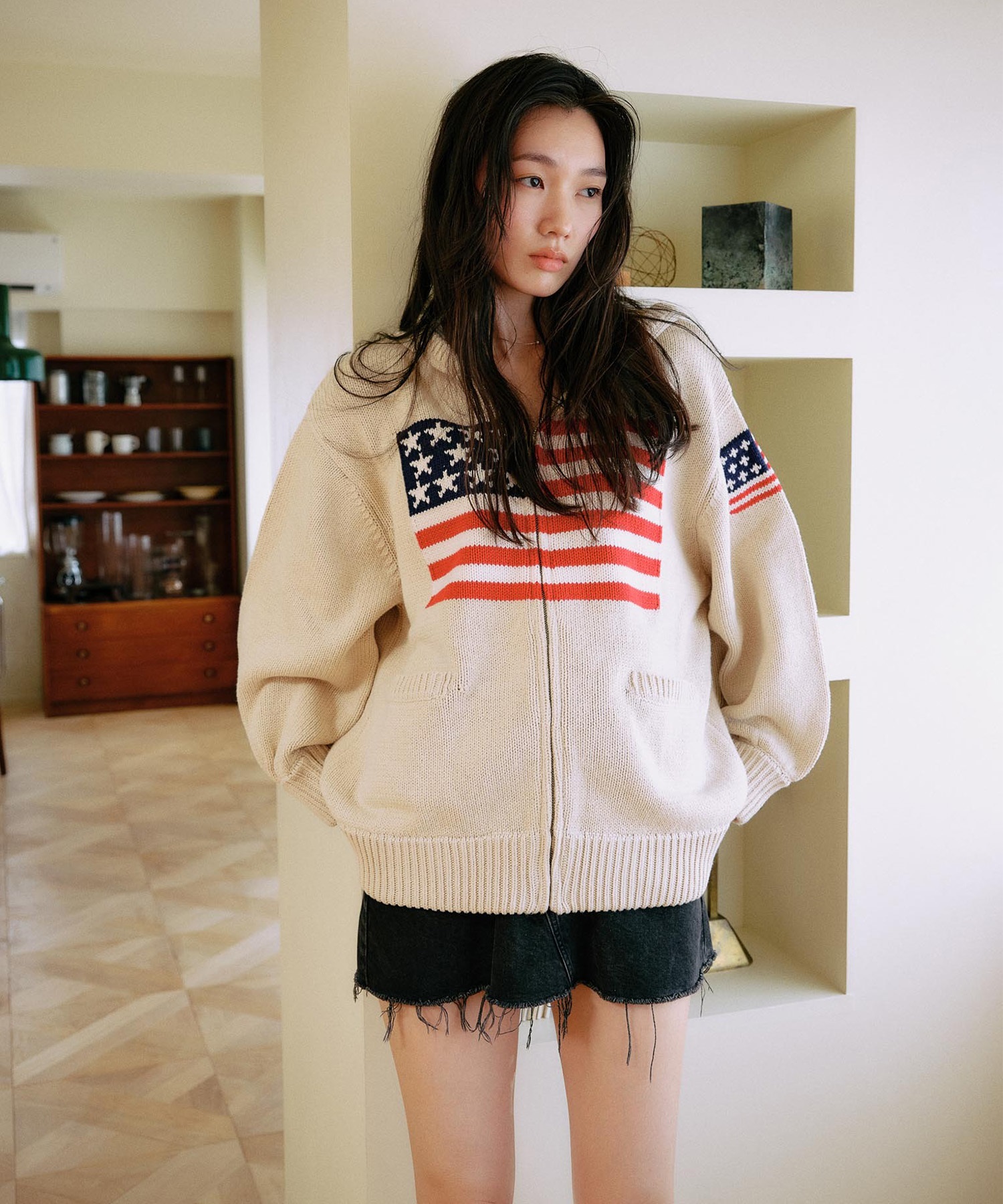 RIKKA FEMME リッカファム ニット セーター レディース ジップアップ パーカー 星条旗 RF25FW18(IVO-FREE)