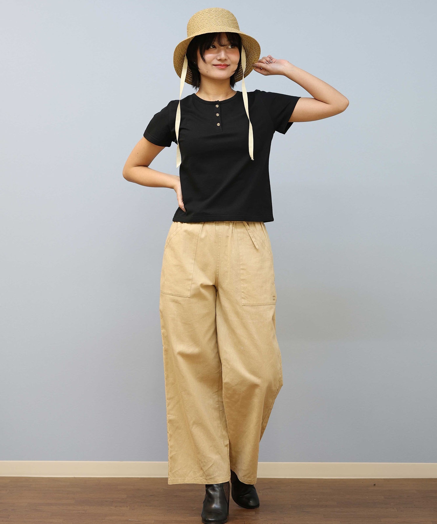 RIKKA FEMME リッカファム 半袖 Tシャツ レディース ヘンリーネックTシャツ RF25SS12(BLK-SM)