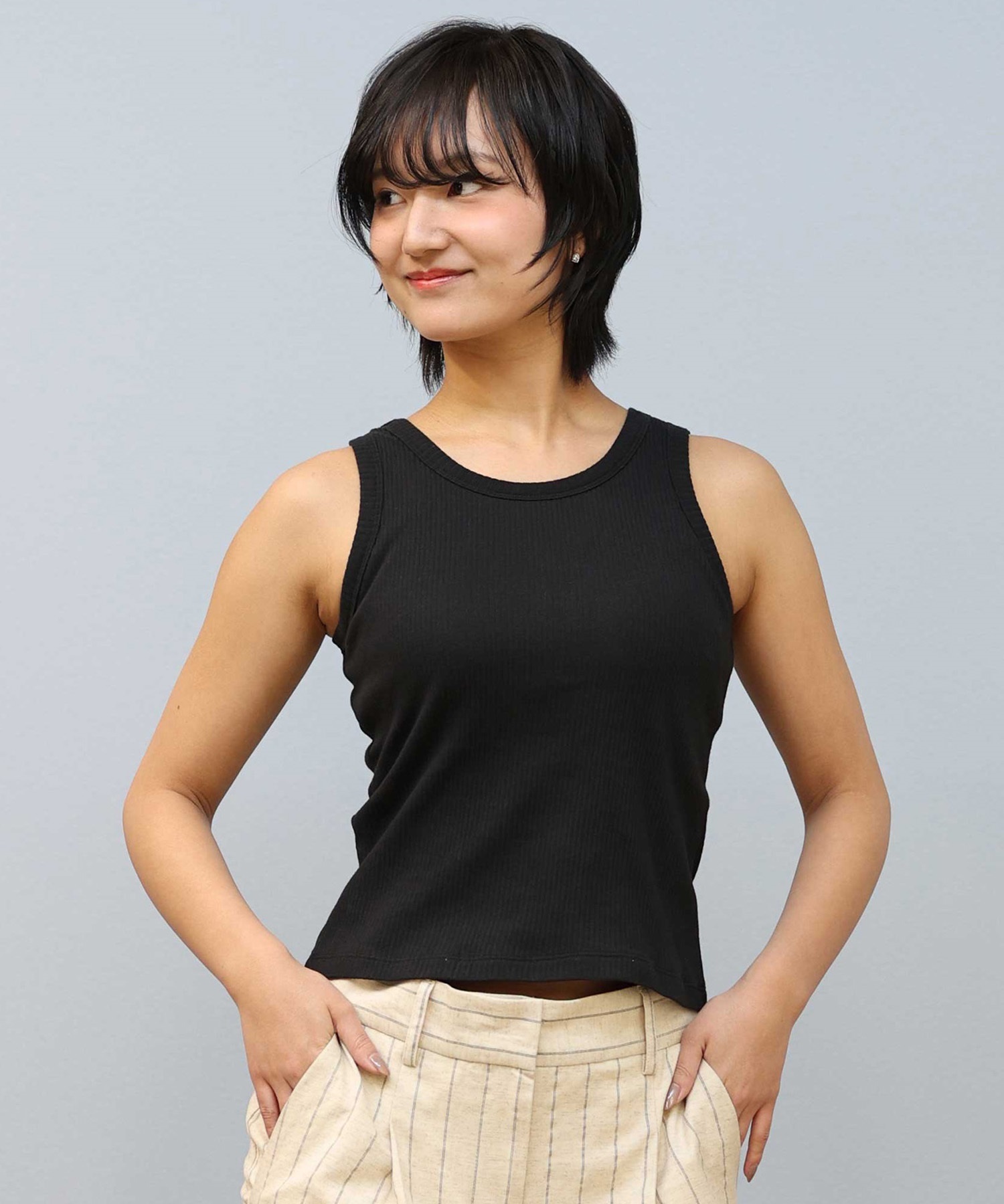 RIKKA FEMME リッカファム タンクトップ レディース ノースリーブ アメスリ カップ付き リブ RF25SS03(BLK-FREE)