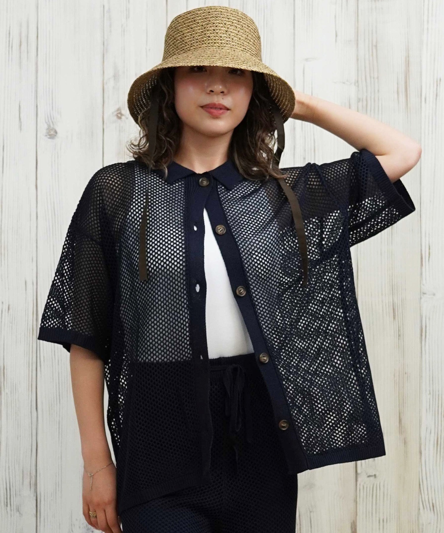 【Rene】半袖サマーニット36リボンブローチつき パンチングリボン半袖ニット[品番：FROW0001349]｜by muni:r