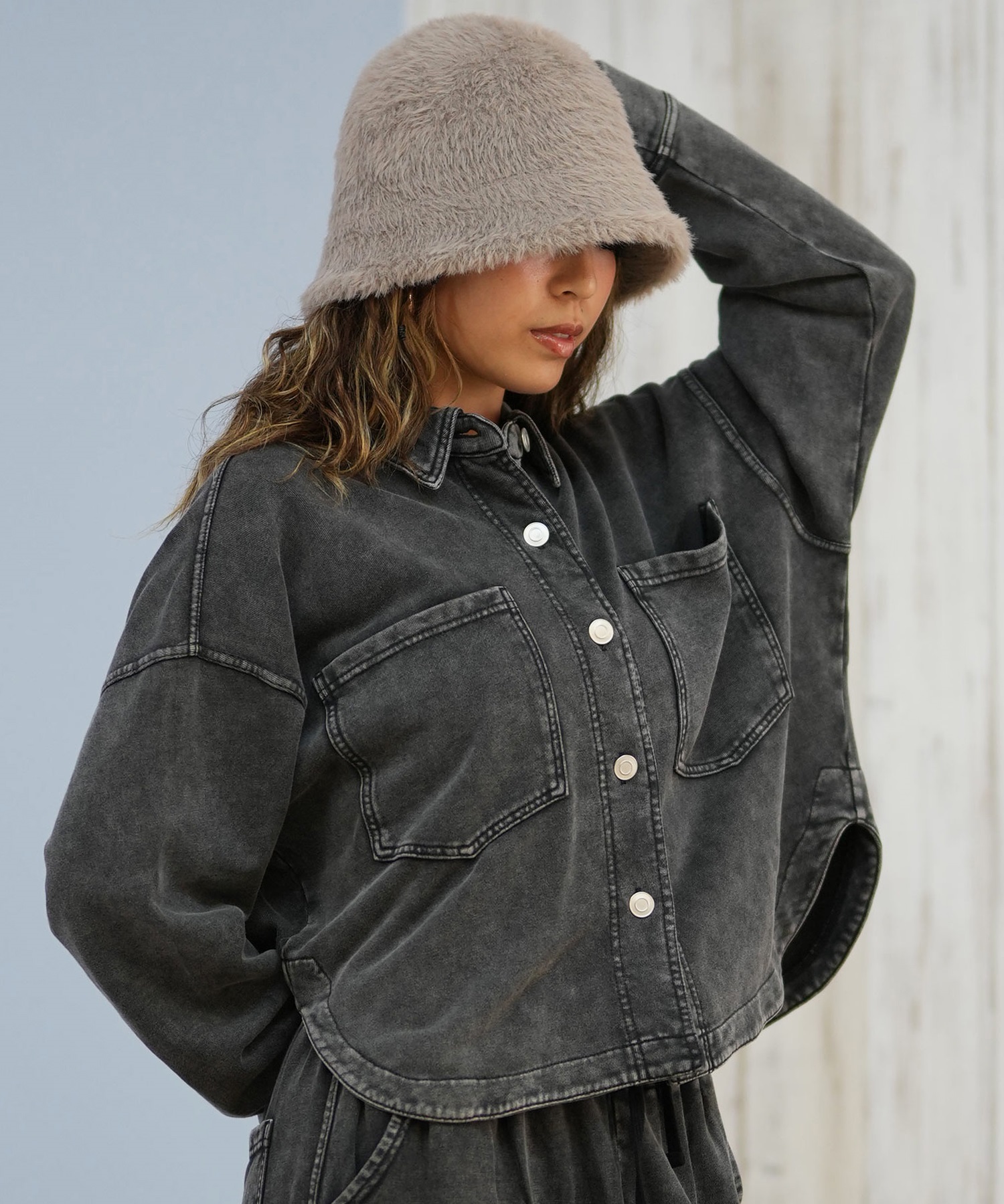 RIKKA FEMME リッカファム 長袖 デニムシャツ レディース スウェット シャツジャケット セットアップ対応 RF25FW19(BLK-SM)