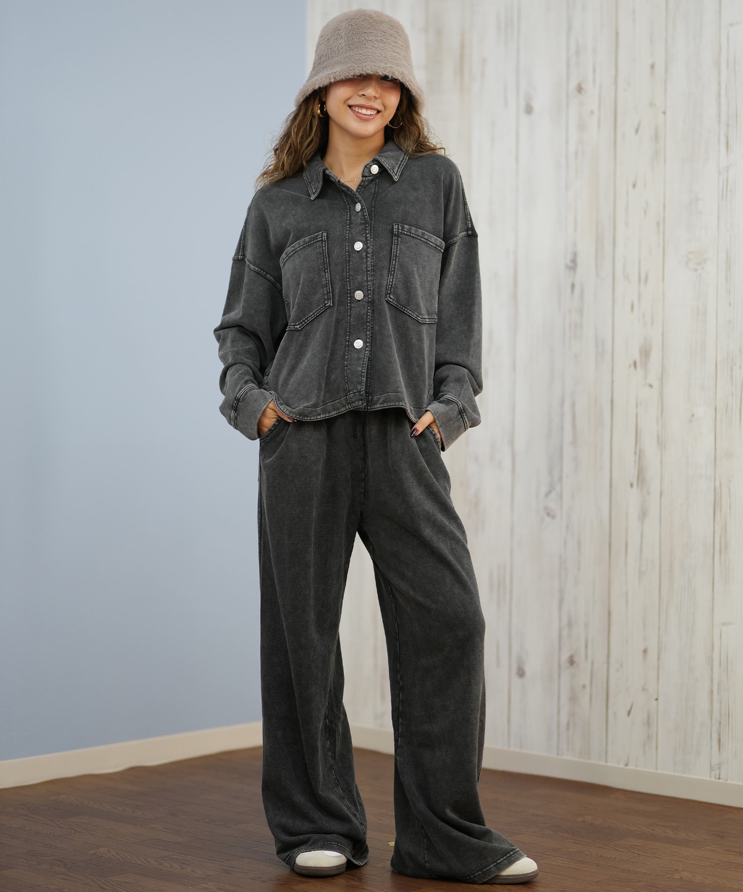 RIKKA FEMME リッカファム 長袖 デニムシャツ レディース スウェット シャツジャケット セットアップ対応 RF25FW19(BLK-SM)