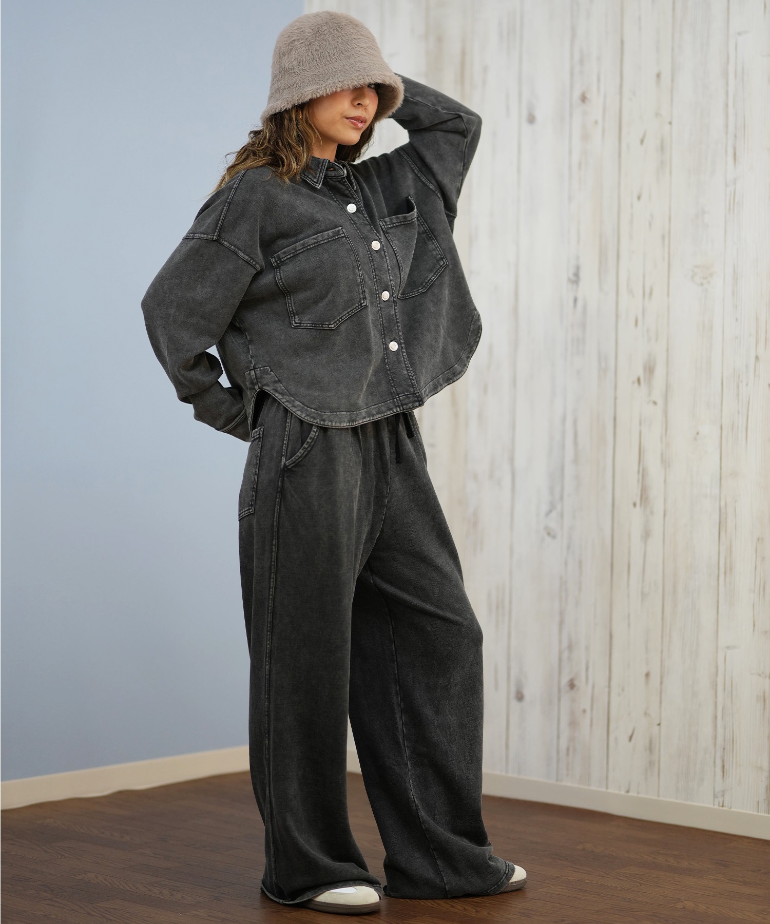 RIKKA FEMME リッカファム 長袖 デニムシャツ レディース スウェット シャツジャケット セットアップ対応 RF25FW19(BLK-SM)