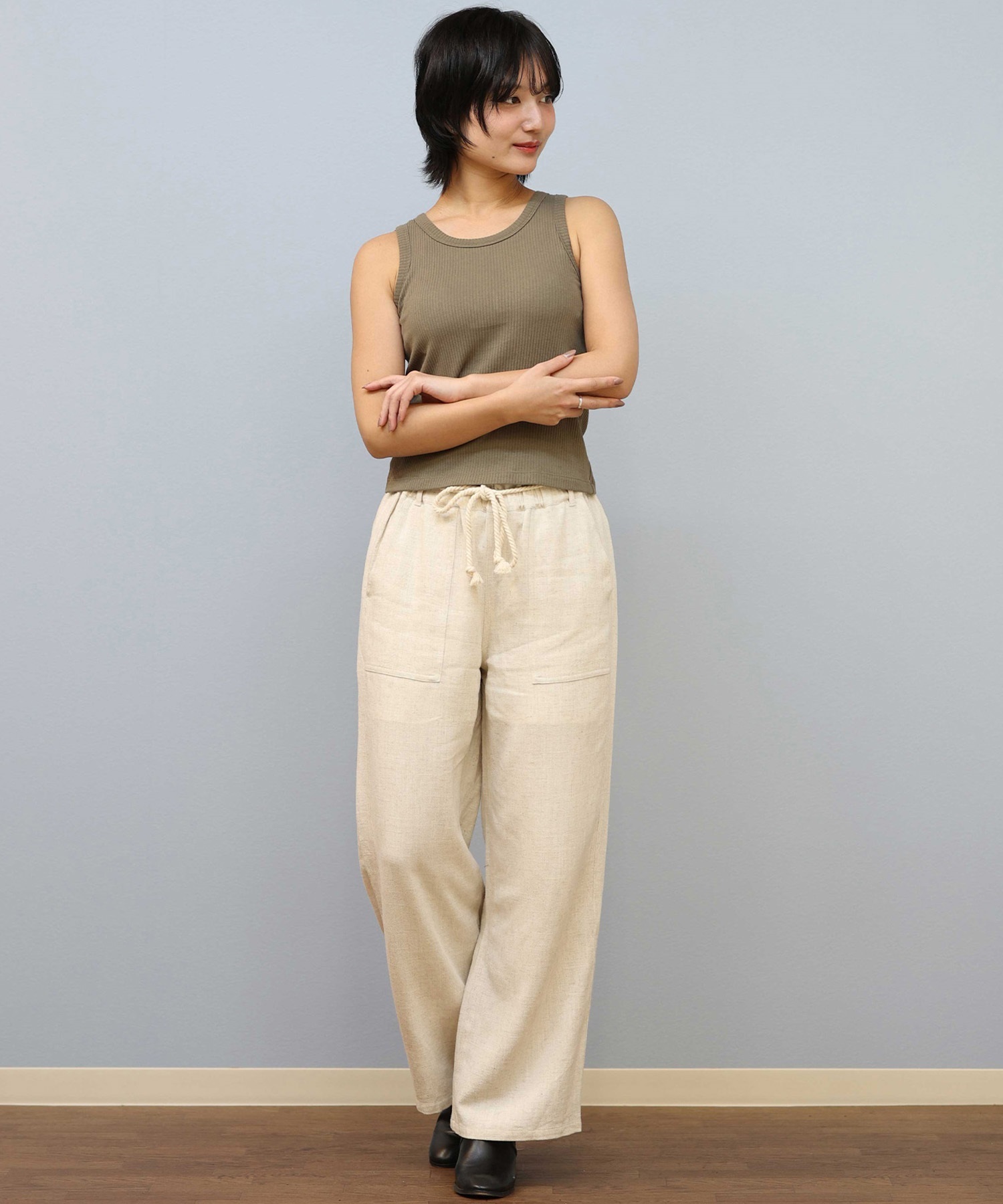RIKKA FEMME/リッカファム レーヨン麻素材 イージーパンツ 接触冷感パンツ ハーフパンツ ショーツ  RF25SS01(IVO-FREE)